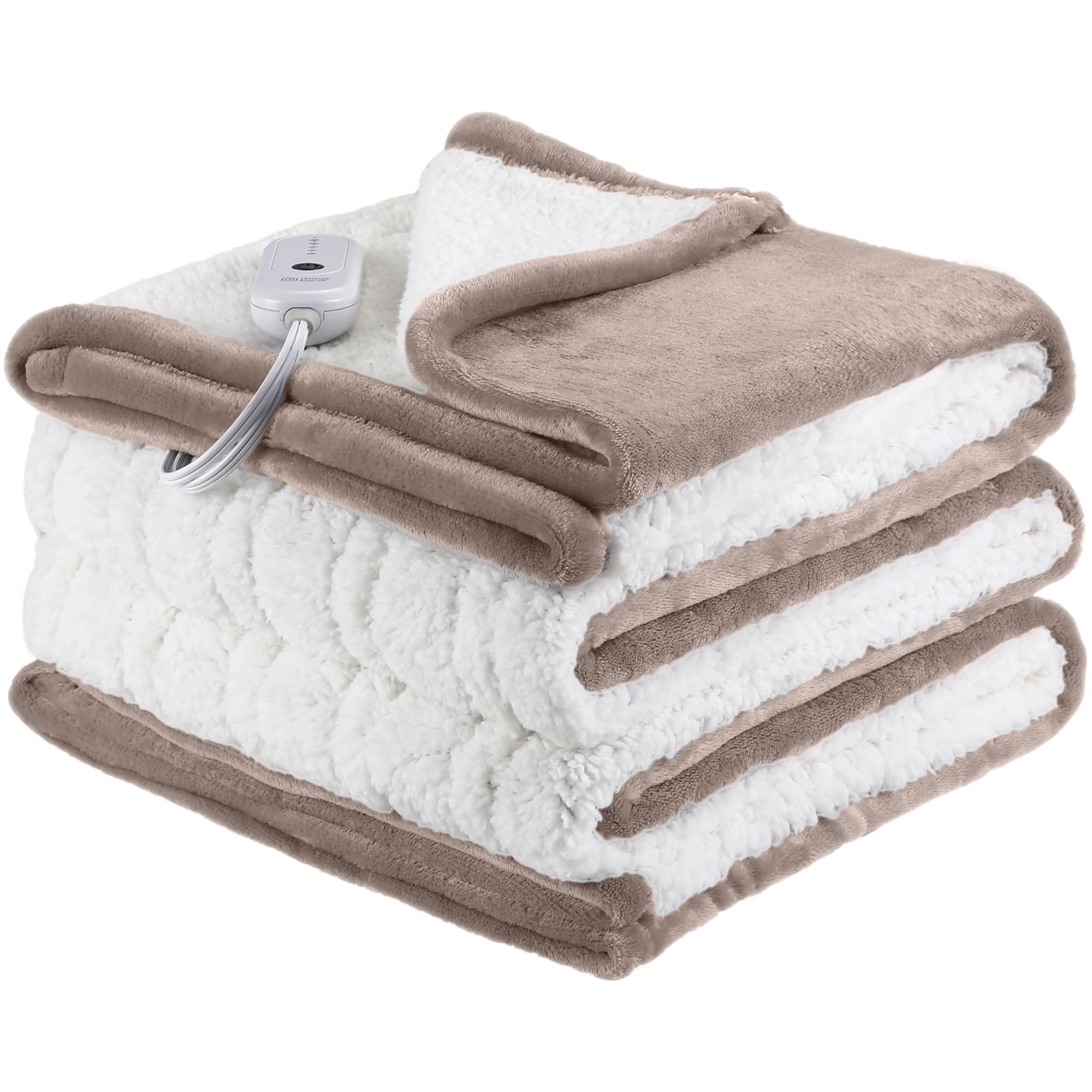 estingo heated blanket twin size, 62"x84" electric blanket twin with 10 hours auto off & 5 heating levels, heating blanket with reversible flannel sherpa, ideal gift giving, light camel