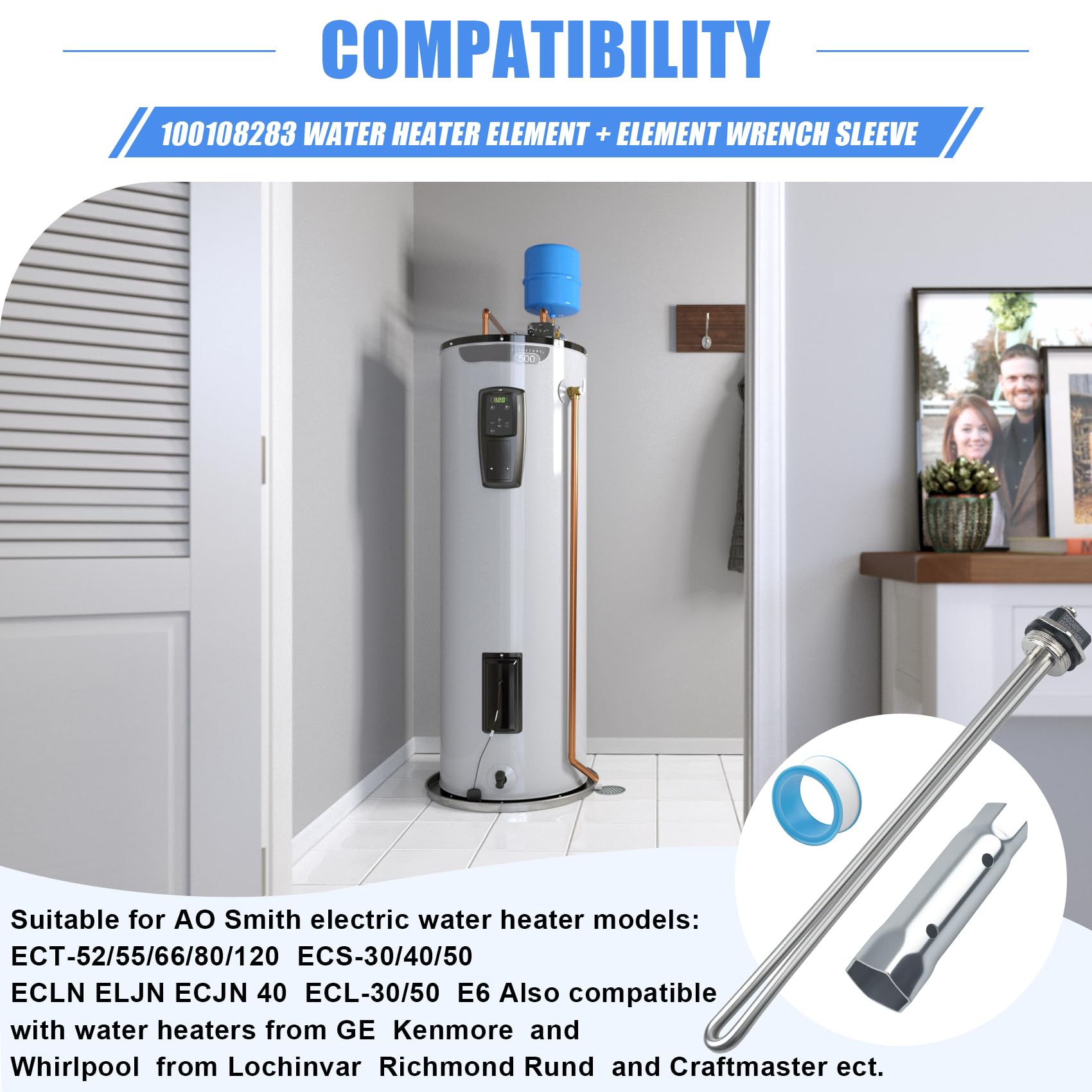 100108283 - Elemento calentador de agua con llave inglesa, para calentadores de agua eléctricos modelo AO Smith, compatible con GE, Kenmore, Whirlpool (100108283 con enchufe, juego de 2)