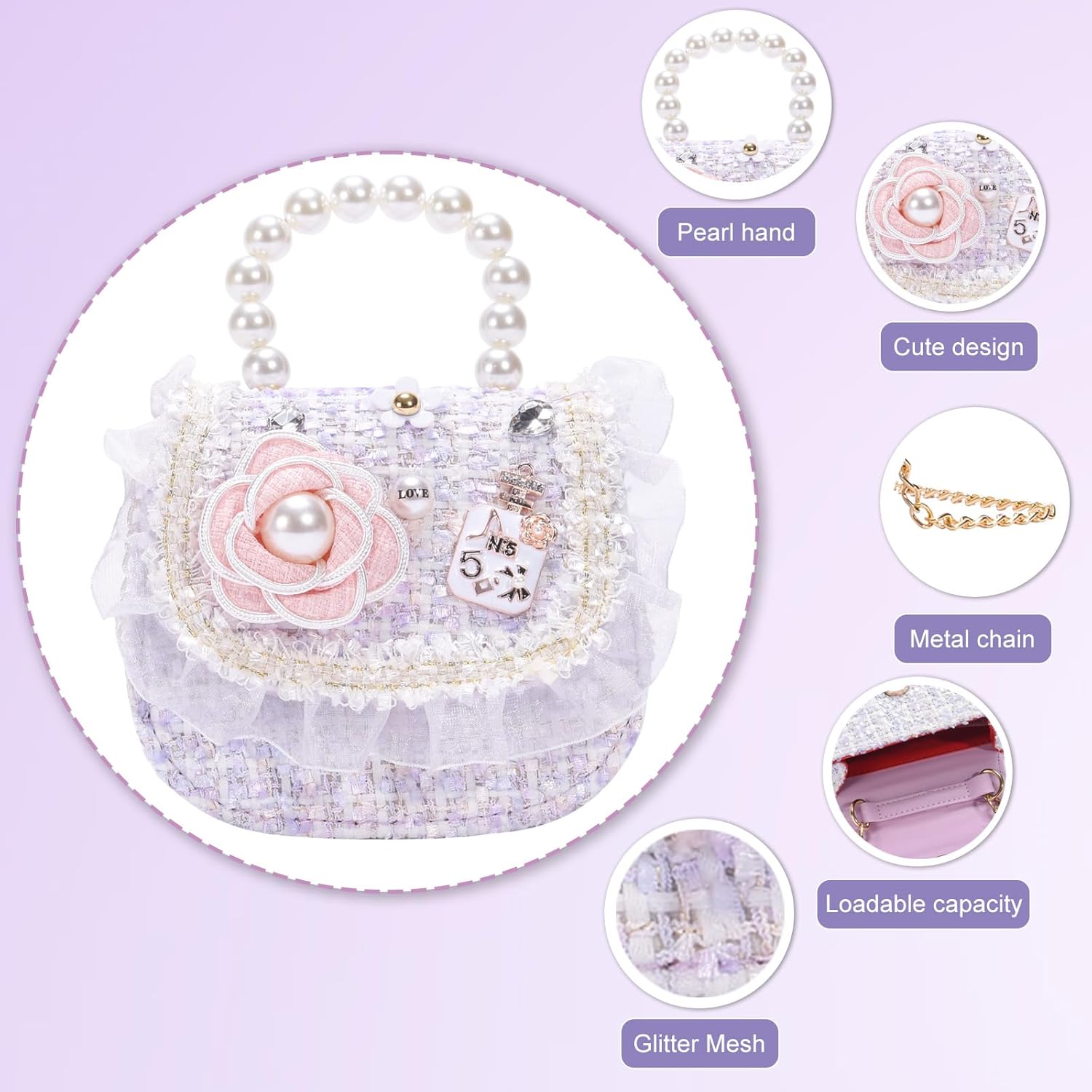 Girls Princess Purses Cute Bunny Toddler Crossbody Bag Handbag with Pearl Handle Shoulder Chain Bag - Image 3