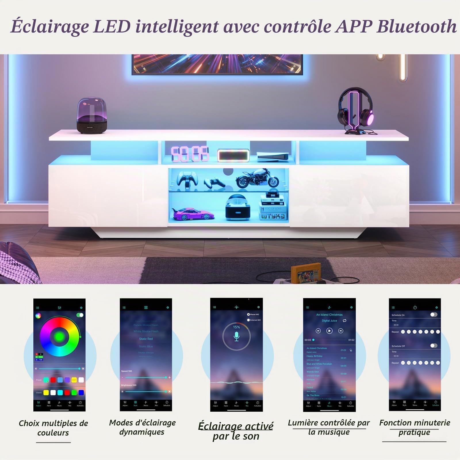 160cm Meuble TV Brillante LED 16 Couleurs et Rangement pour TV 70"