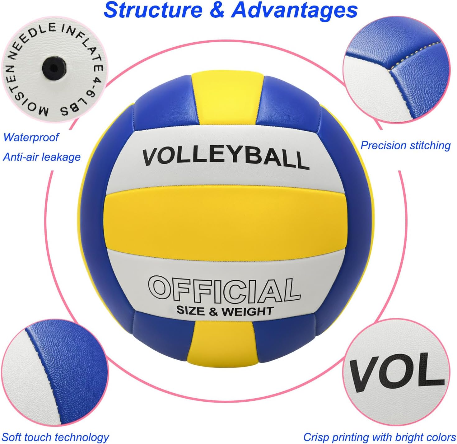 Volleyball Official Size 5 Volleyball for Indoor Outdoor, Soft Touch Volleyballs for Adults Beach Play Pool Game Gym Training Play, Durable Design, with Ball Pump