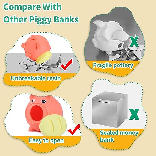 Miniatura 7 de H&W Mini alcancía, diseño de cerdo lindo Oink-Oink, banco de monedas inastillable, gran banco de dinero (rosa)