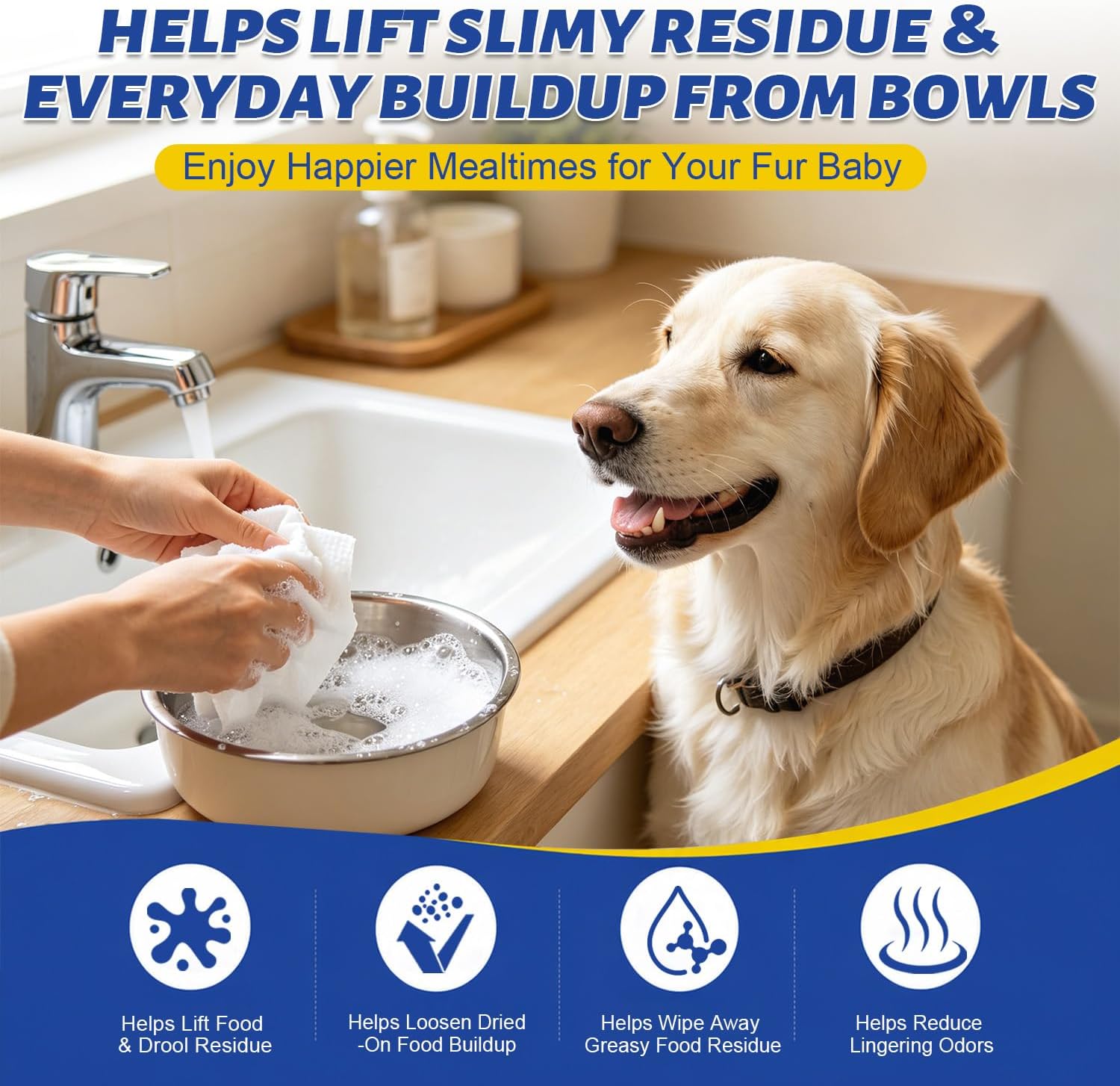 Water-Activated Dog Bowl Wipes, Dual-Sided Foaming Cleaner, 40 Count