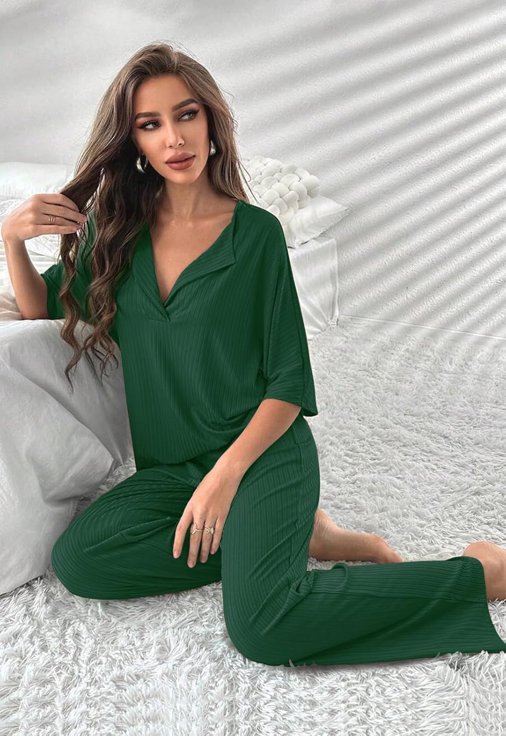 COSSEN Women’s 2 Piece Pajamas Set Ribbed Knit Loungewear Casual Outfits 3/4 Sleeve Tops and Wide Leg Pants Set - Image 3