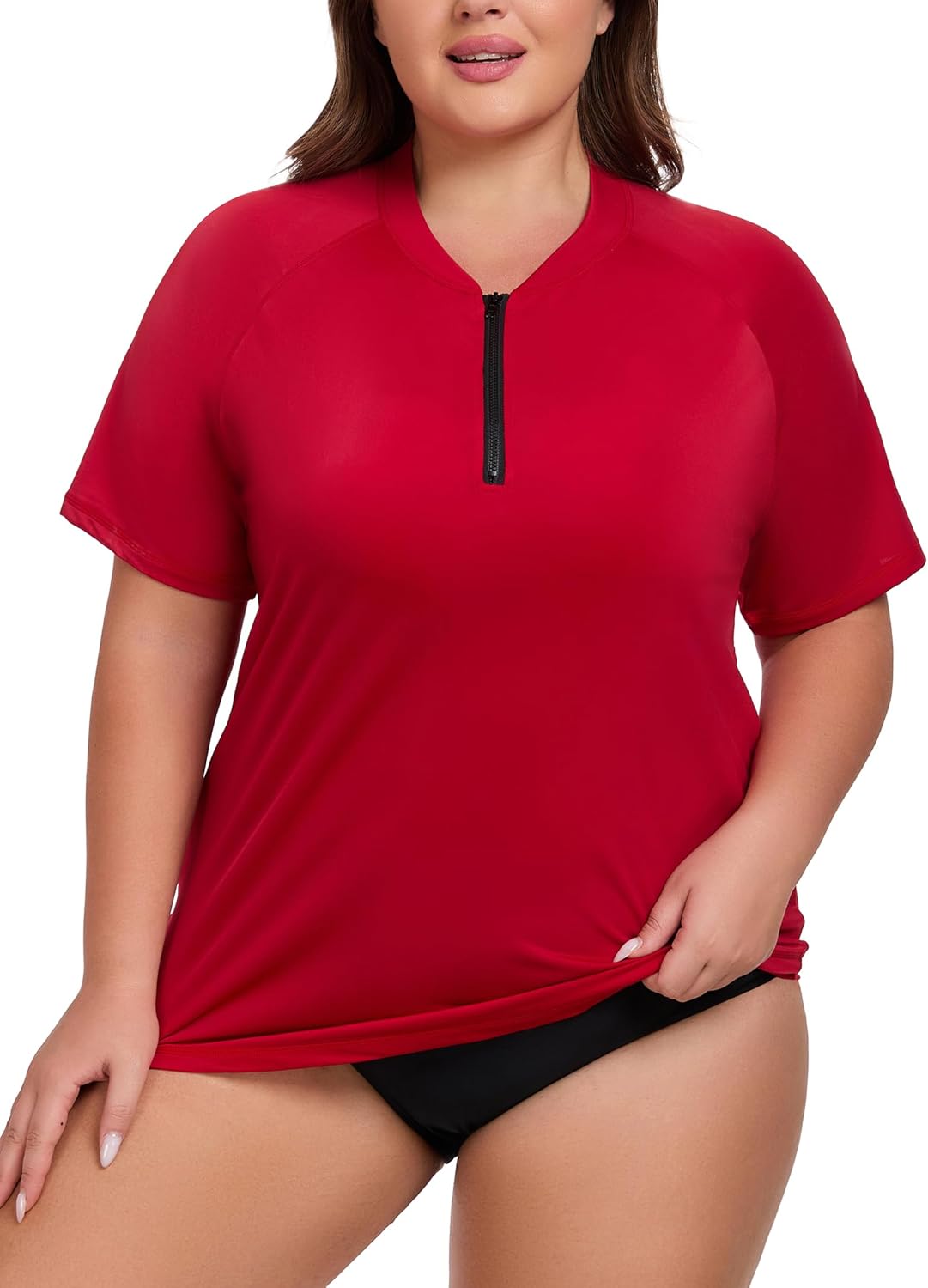 Women's Plus Size Short Sleeve Rash Guard Swim Shirt UPF 50+ Sun Protection Zip Swimsuit Tops 1XL-5XL