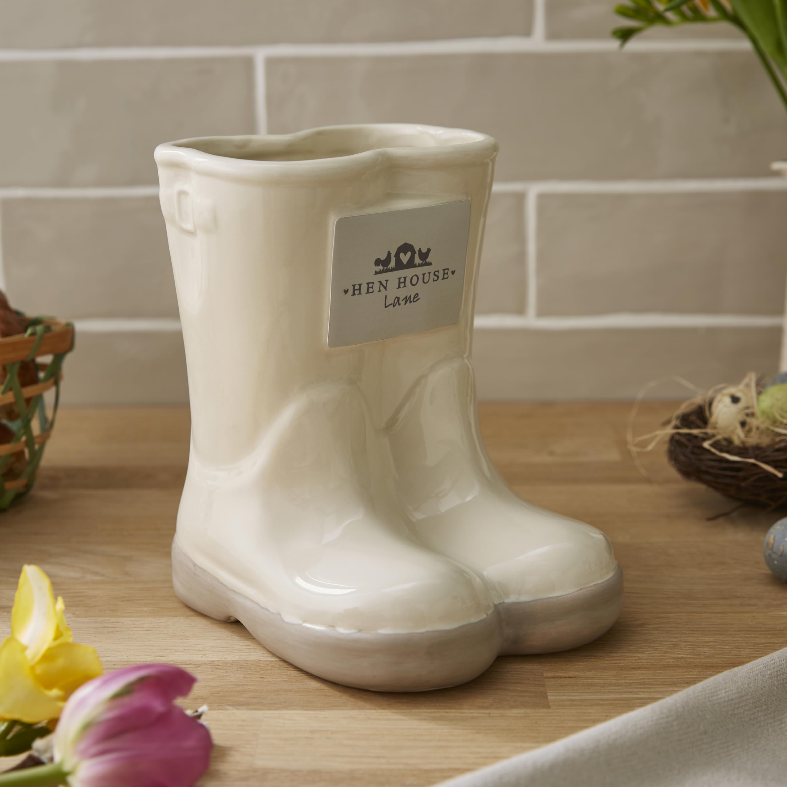 Cooksmart Hen House Lane Utensilientopf für Gummistiefel, rustikale Bauernhaus-Steingut-Aufbewahrung, dekorativer Küchenhalter für Besteck und Werkzeuge, Geripptes und geprägtes Hennen-Design, 17 cm Küche, Haushalt & Wohnen