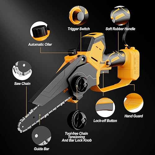 Miniatura 8 de Mini motosierra Dewalt de 20 V, 2 en 1 de 6 pulgadas y 8 pulgadas con motor sin escobillas, sierra de cadena de poda de mano de 800 W para madera,