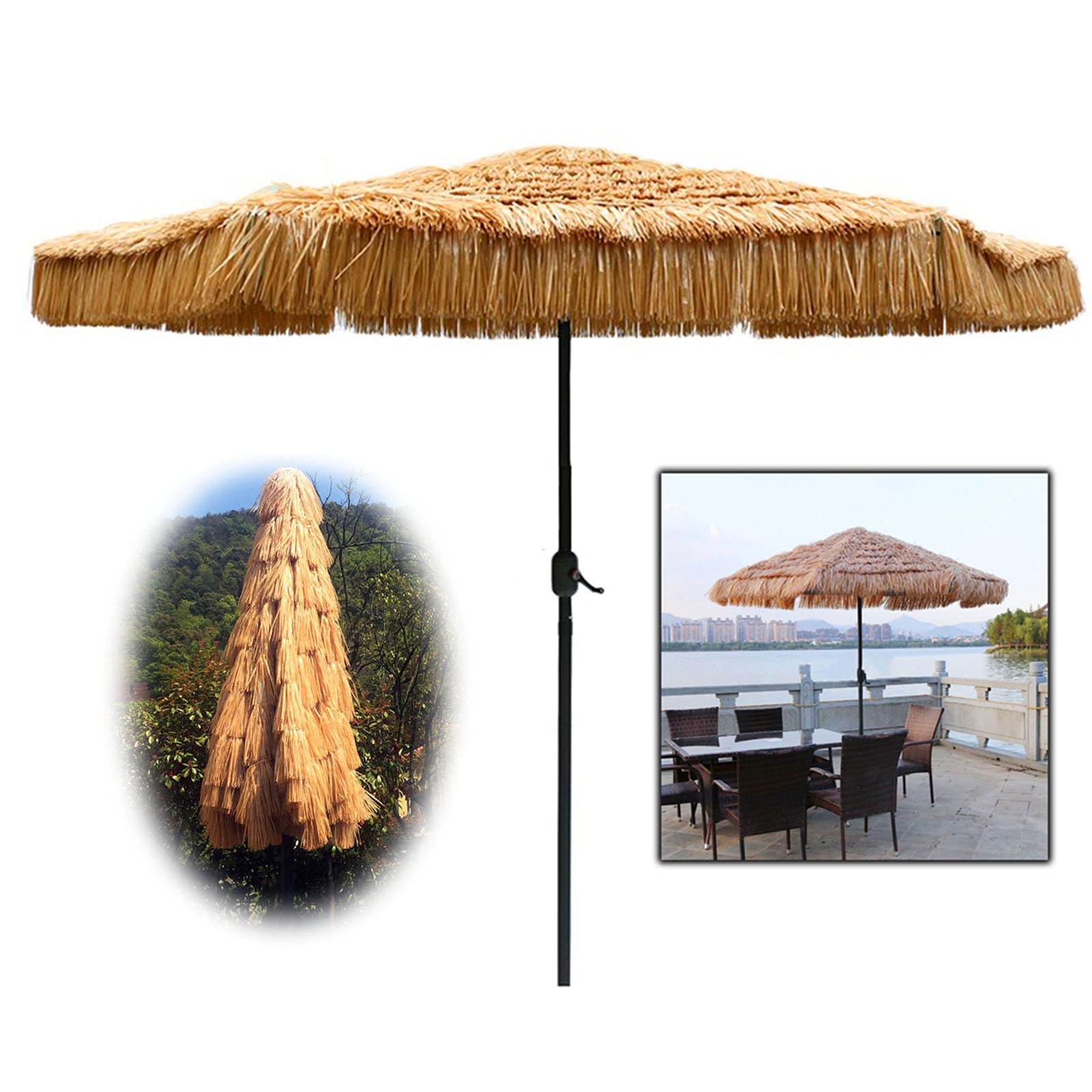Outech 2.7m/9ft Thatched Patio Tiki Umbrella, Hawaiian Style Beach Umbrellas, Waterproof Sun Shade, for Lawn Pool Backyard Garden, NO Base