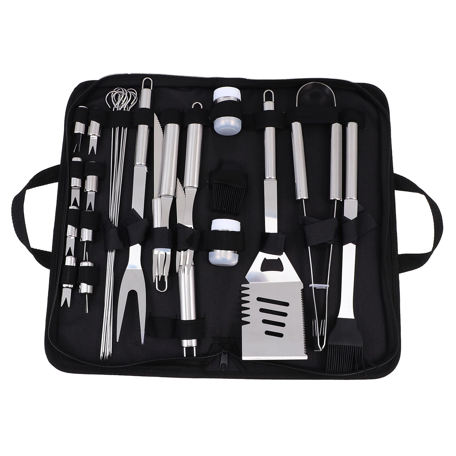 Utensili Barbecue in Metallo Resistente con Borsa Portatile in Kit Accessori Bbq Robusti per Grigliate all'Esterno Organizzazione Facile e Trasporto Pratico