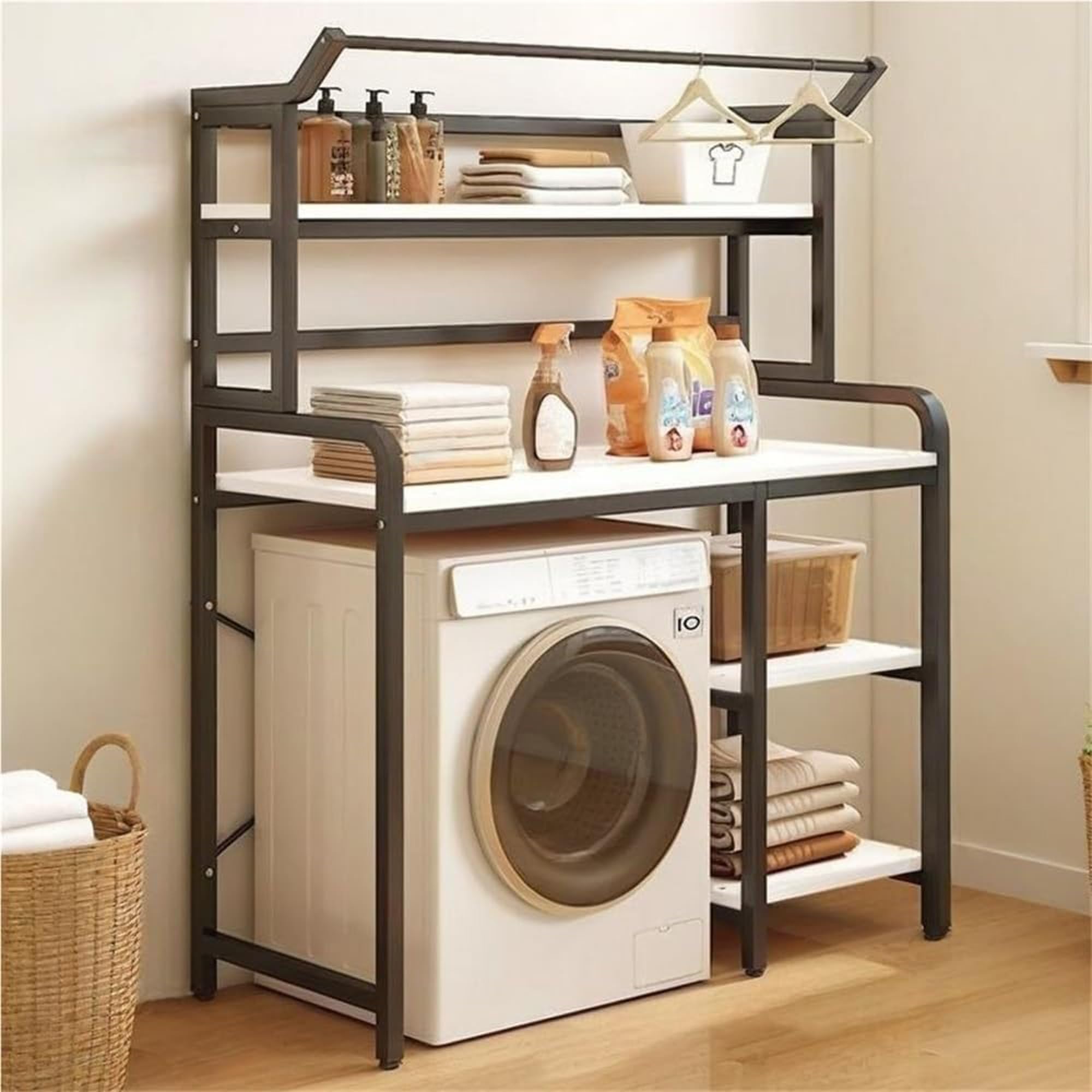 Stilvoller, platzsparender Waschmaschinenschrank – Schwarz-Weiß-Aufbewahrungsregal, 110 x 60 x 150 cm, perfekt für kleine Waschküchen, maximiert Platz und optimiert effizient