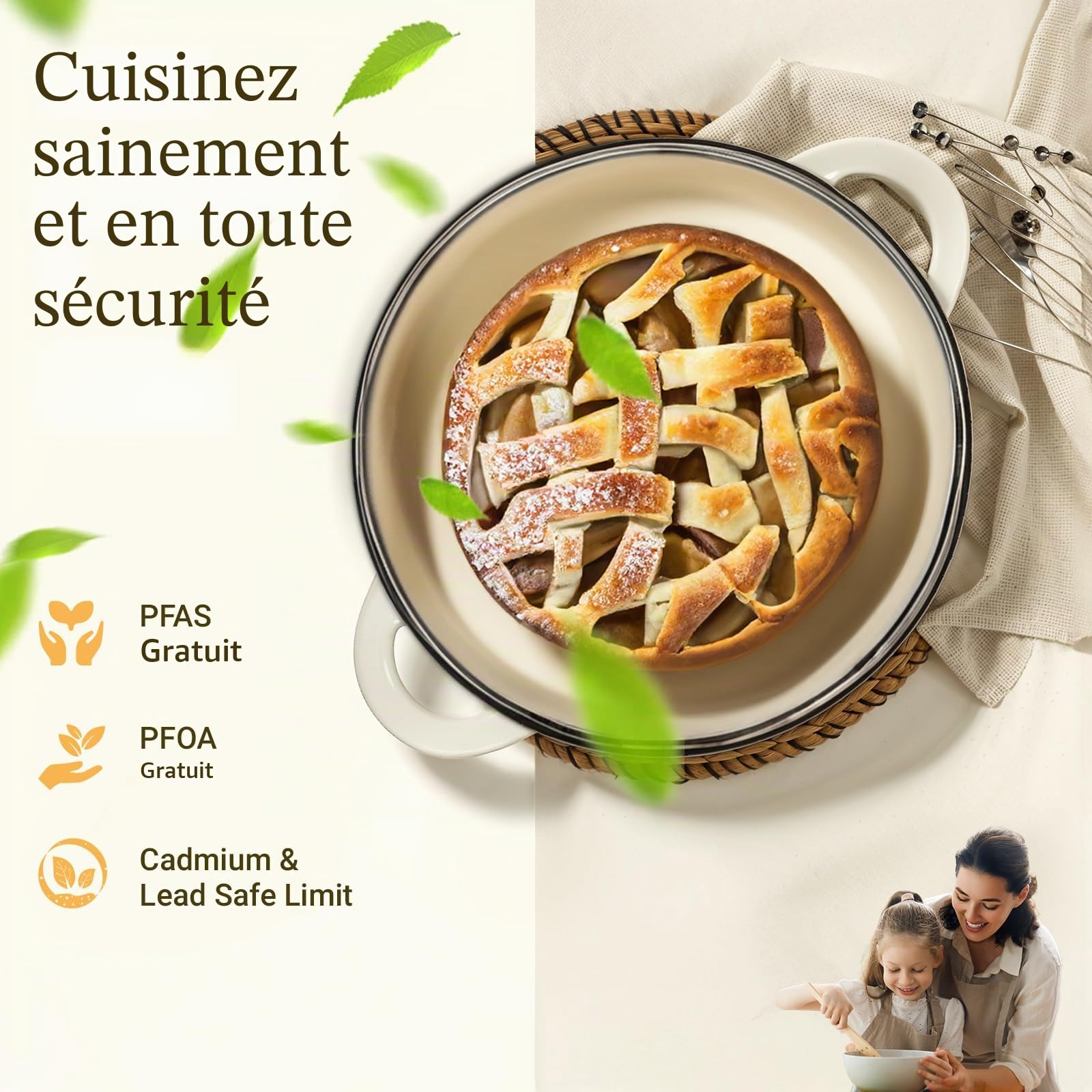 Overmont Cocotte en Fonte Émaillée - Ø28 cm Casserole Antiadhésive Avec Couvercle et Maniques en Coton - Batterie de Cuisine Robuste pour Braiser Ragoûts Rôtir Pain - Blanc crème