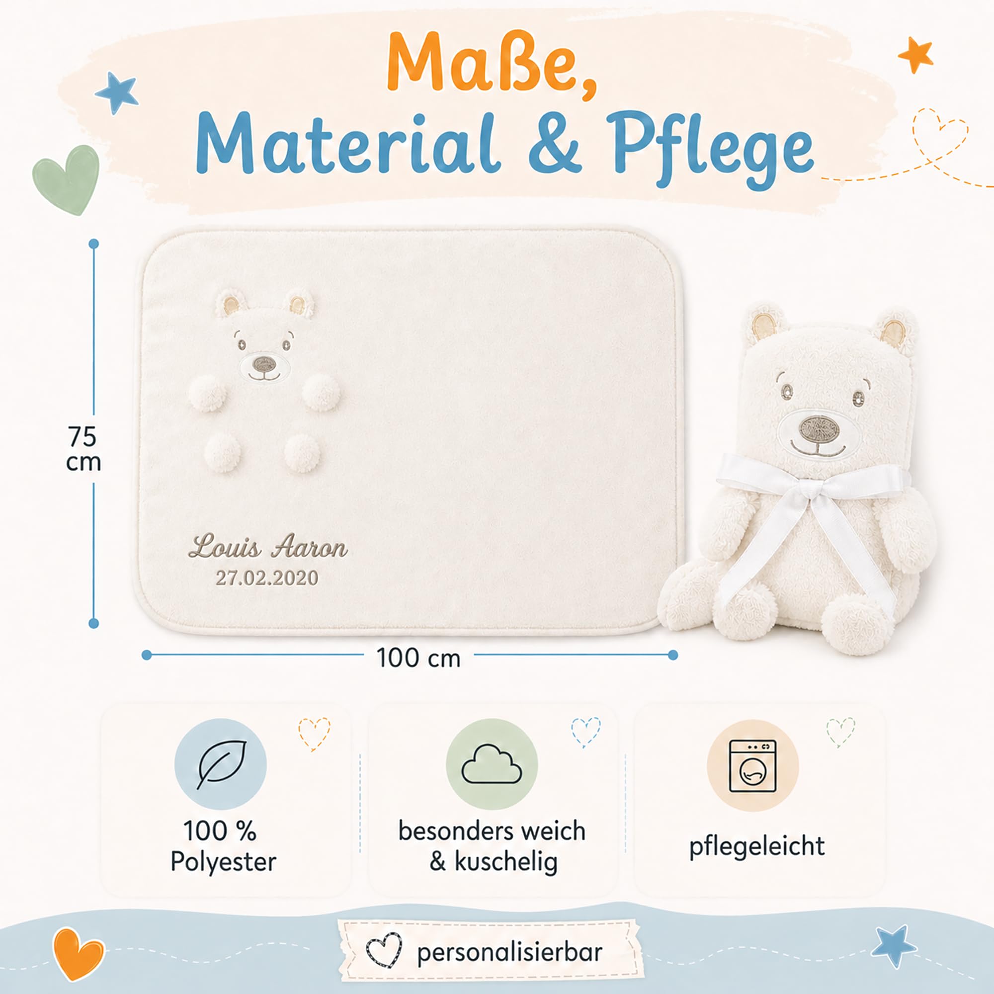 Babykajo Babydecke personalisiert – 2in1 Babydecke Wird zusammengerollt zum Tierchen – Perfektes Baby Geschenk zur Geburt für Jungen und Mädchen!