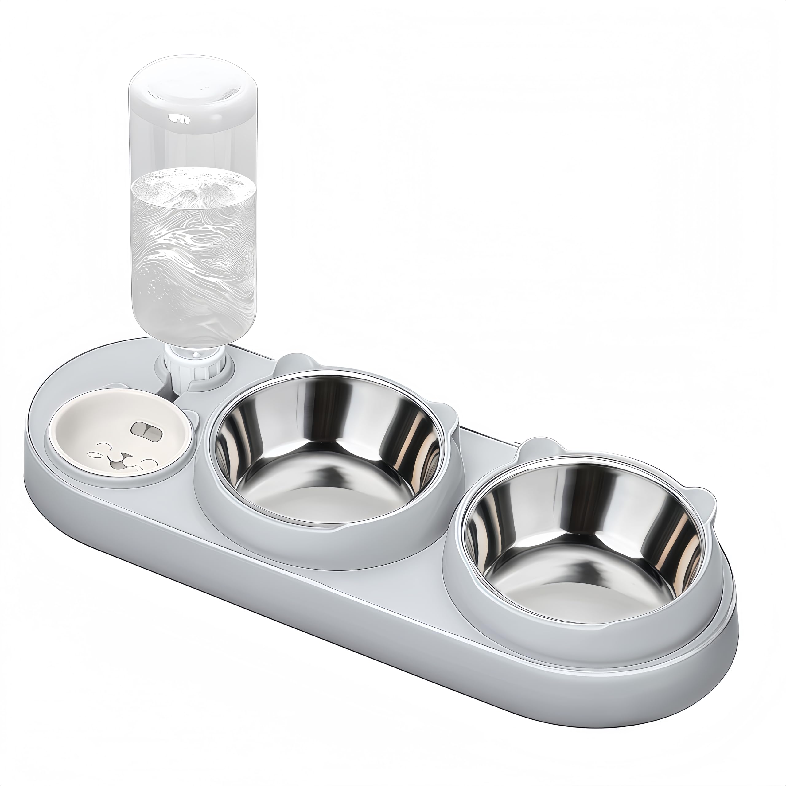 Marchul 3 in 1 Cat Bowl, Cat Food Bowl Set with Water Dispenser and 2 Stainless Steel Water Bowls, 15° Tilted Pet Raised Cat Bowls for Indoor Cats, Small or Medium Sized Dogs, Grey