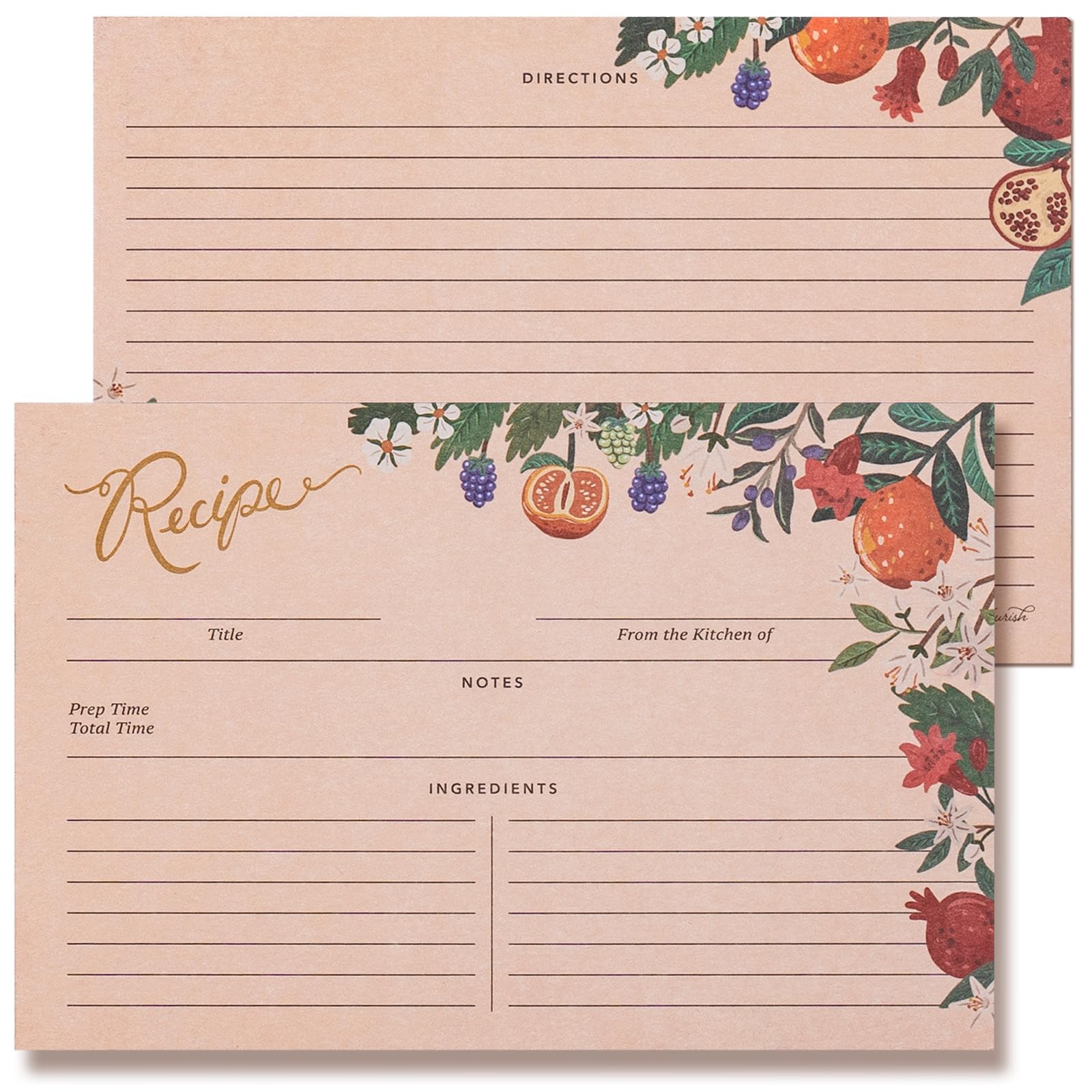 Recipe Cards 4x6 Double-Sided, 24-Pack Blank Recipe Cards, Tuscan Blooms and Fruits Design, 4 x 6 Inches