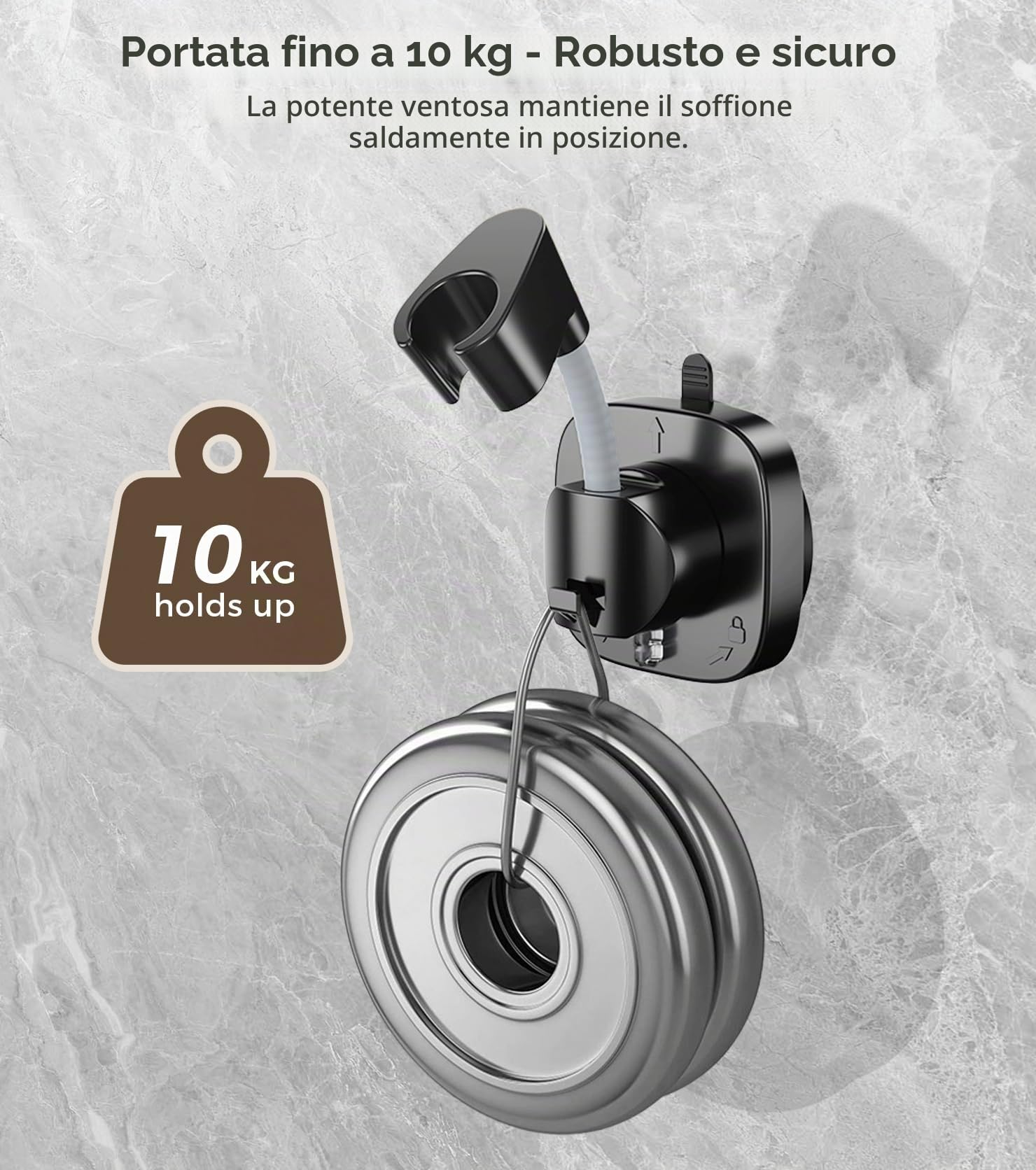 Supporto Doccia A Ventosa Regolabile 360° – Senza Trapano, Porta Fino A 10kg, Gancio Integrato, Nero ABS