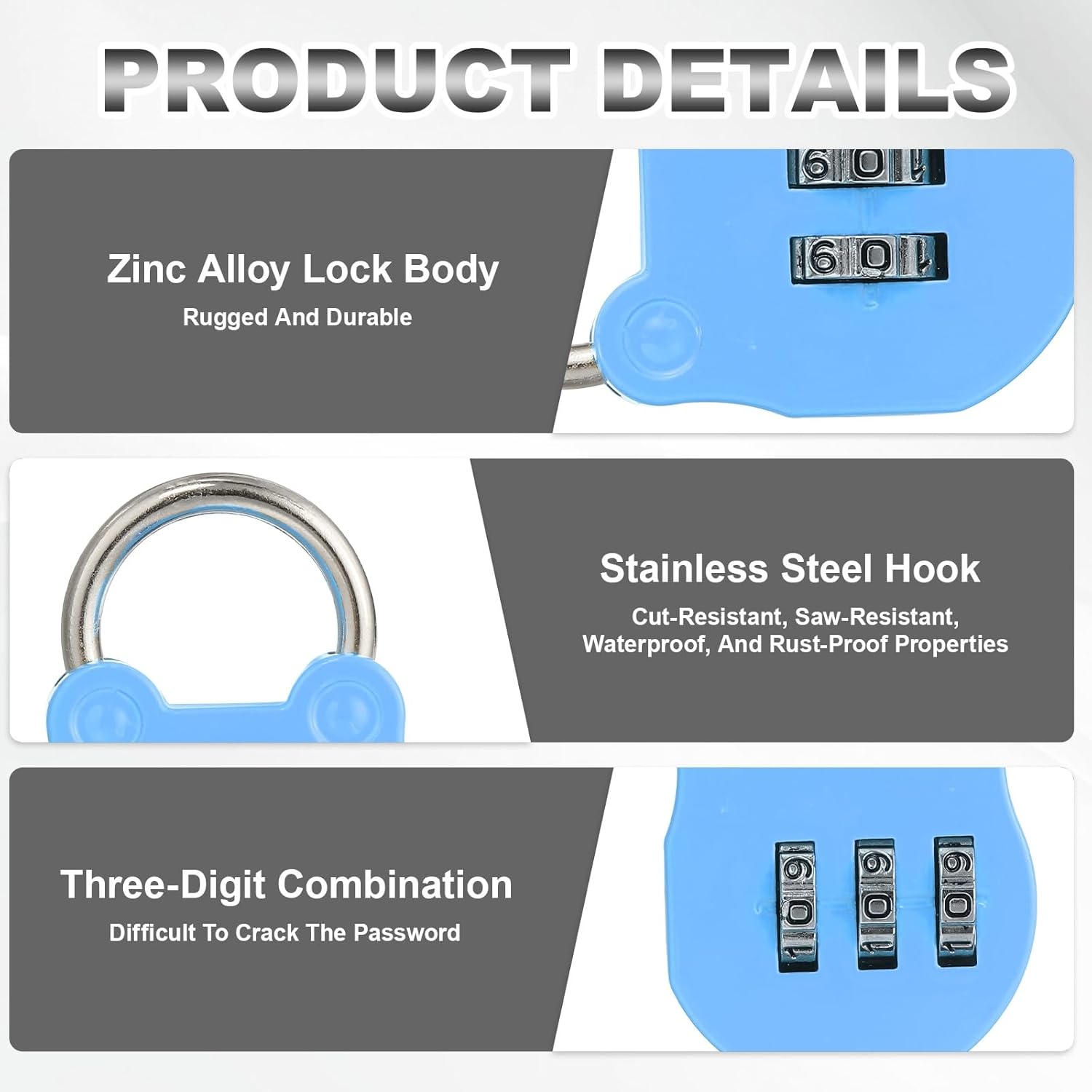 PATIKIL Combination Padlock (Small, Blue)(2 Pcs), 3-Digit Cute Combo Padlock Resettable Luggage Locks, Suit for Gym Locker/Fence/Storage/Toolbox/Cabinets