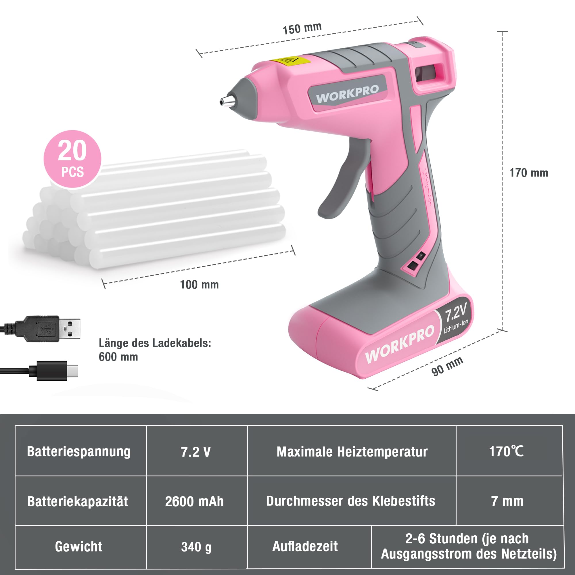 WORKPRO Heißklebepistole Akku 7,2V, Kabellos & mit Kabel Verwendbar, Akku Klebepistole mit 20 Klebesticks, 30s schnelle Aufheizung, Schnelle Klebstoffabgabe, USB-C-Aufladung, für Handwerk, Dekoration