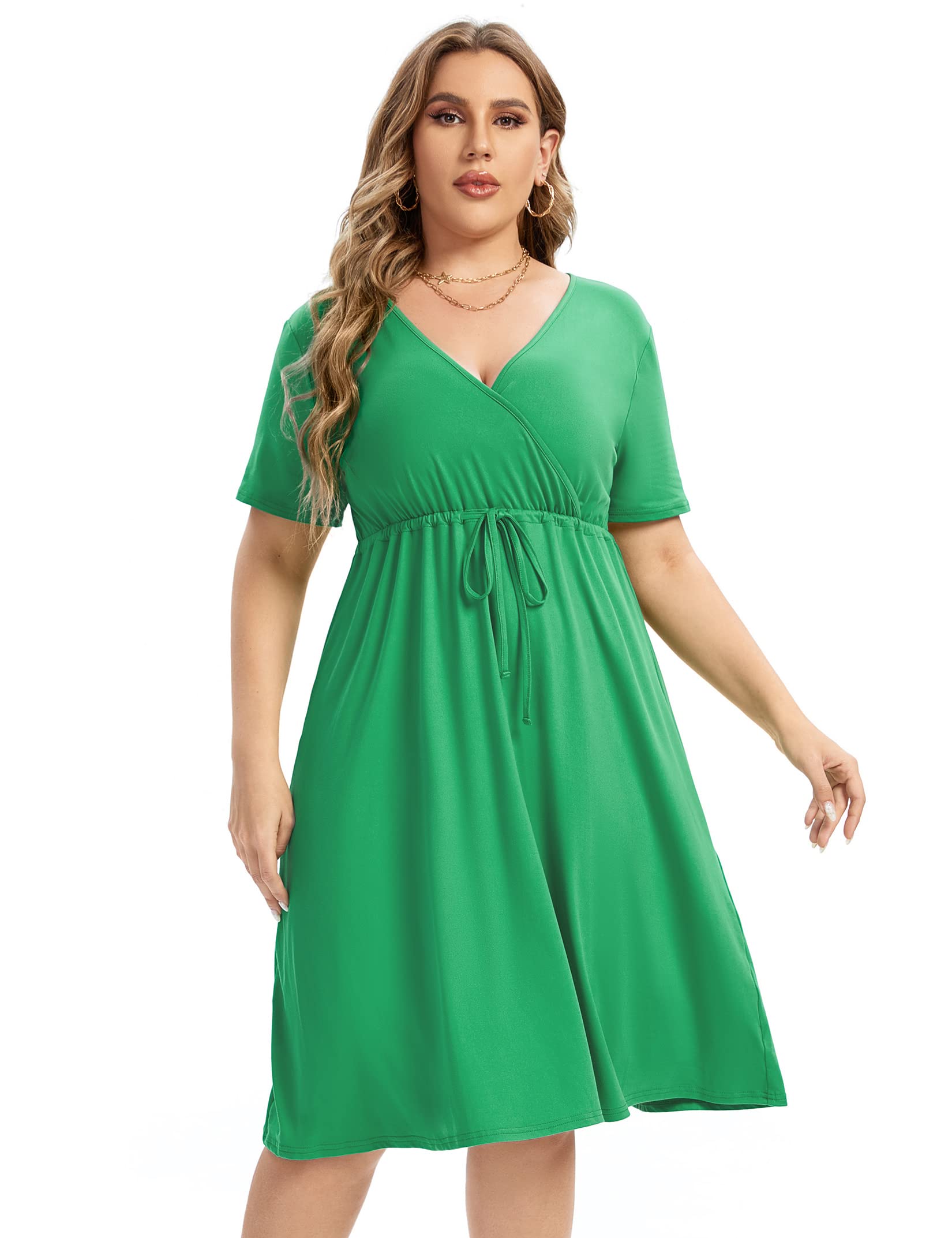 Plus Size Dress Women's V Neck A-Line Knee Length Wrap Mini Dress with Belt Plus Size Dresses for Curvy Womenlightgreen-cs 4X-Large