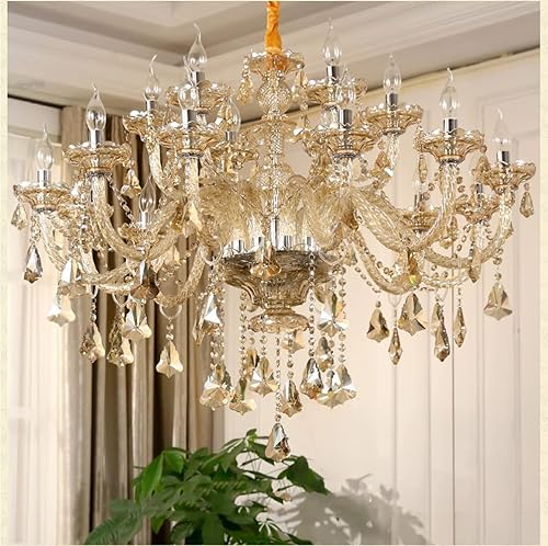 Miniatura 8 de Durahonn Candelabro de cristal coñac de lujo, 18 luces, contemporáneo, K9, lámpara de techo de cristal estilo vela estilo vela E12 base para