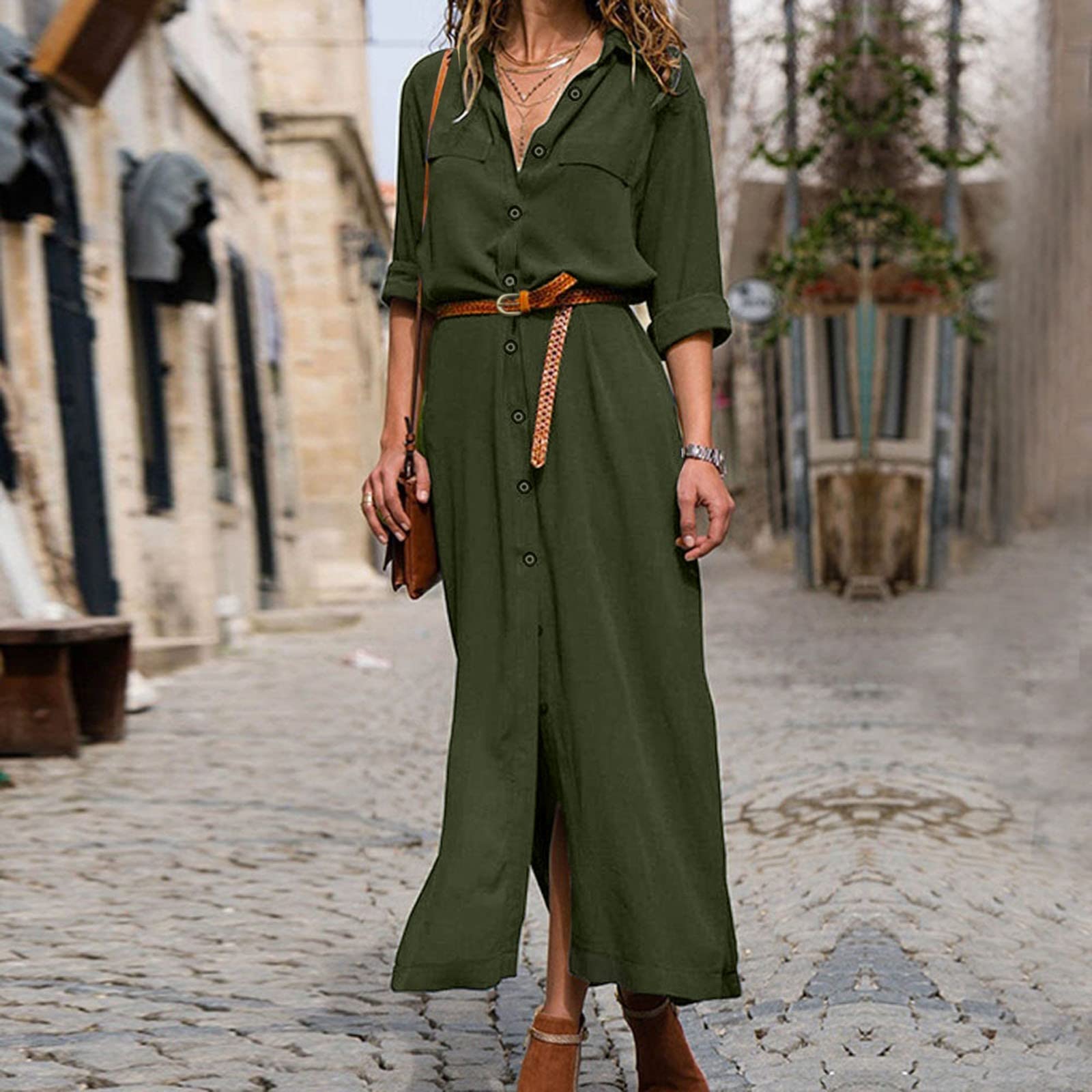 Generico Abito Camicia Donna Estivo - Vestiti Donna Estivi Lunghi con Maniche A Arrotolate Abito A Camicia Tinta Unita Casual Scollo A V Camicia Loose Vestito Denim Maxi Dress