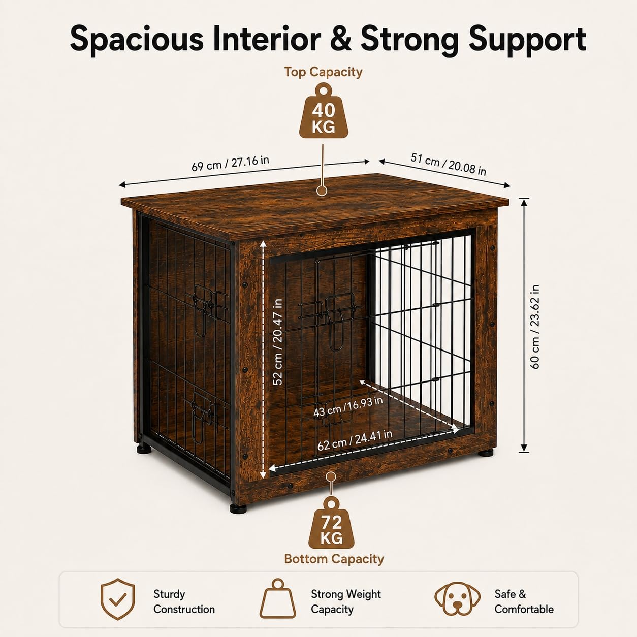 EGGREE Gabbia per Cani, Interno 62 cm, 2 Porte, Effetto Legno, Marrone