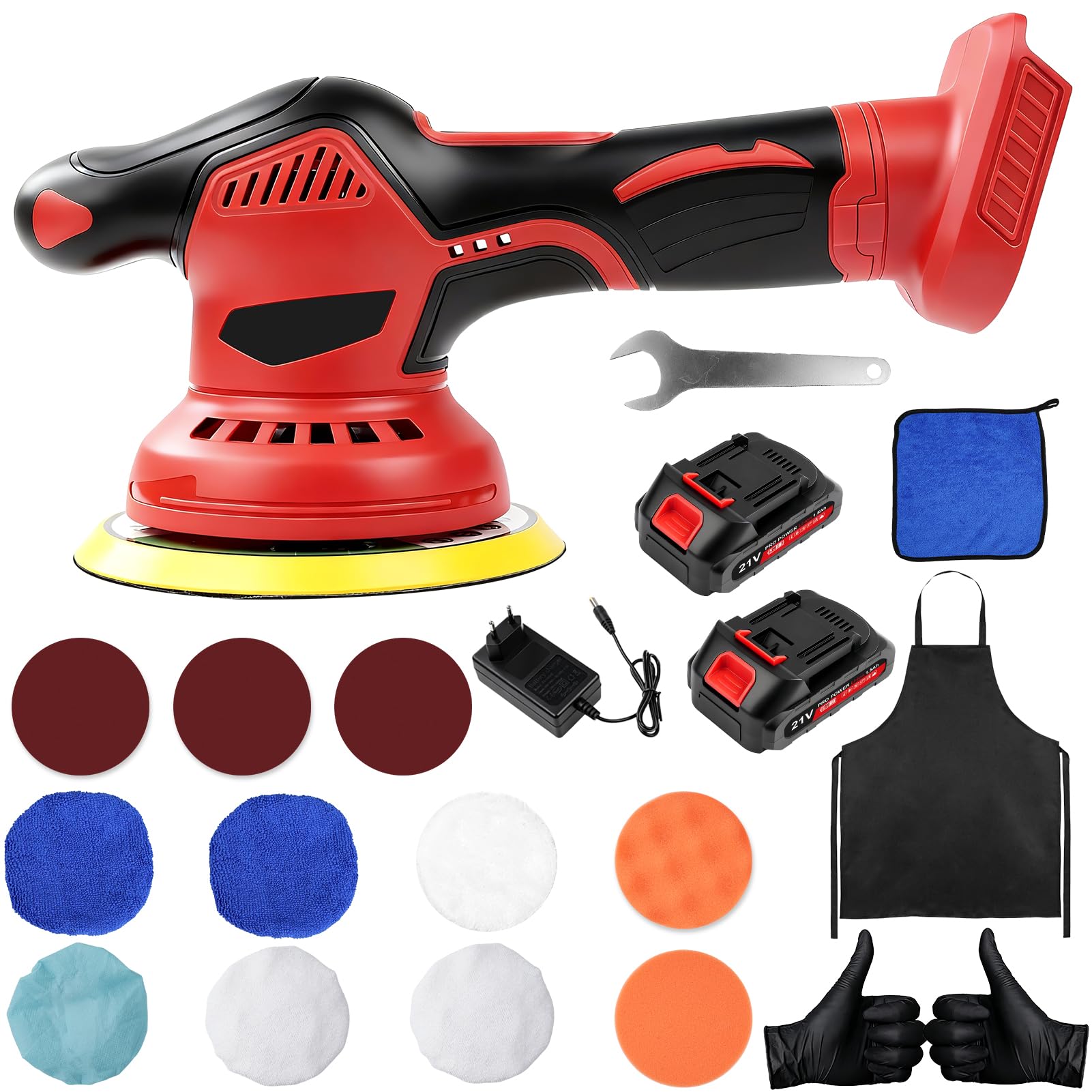 Pulidora de Autos Inalámbrica, 21V Pulidora de Coche con Batería Profesional de 6 Pulgadas 150 mm, Pulidora Orbital Excéntrica con 8 Velocidades 2600-5800 rpm, para Encerado, Mantenimiento, Pulido
