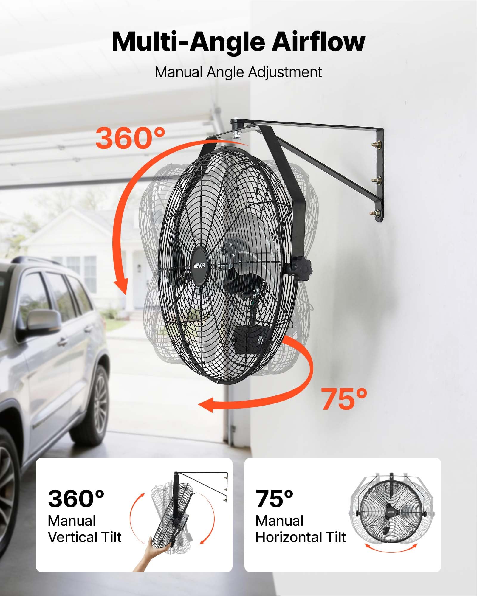 VEVOR Ventilador de Pared con 3 Velocidades, Aire de Flujo, Ángulo Ajustable, Motor de Cobre, Protección IP44, Ventilador Industrial Oscilante de Acero para Taller, Garaje, Gimnasio, Comercio, Almacén