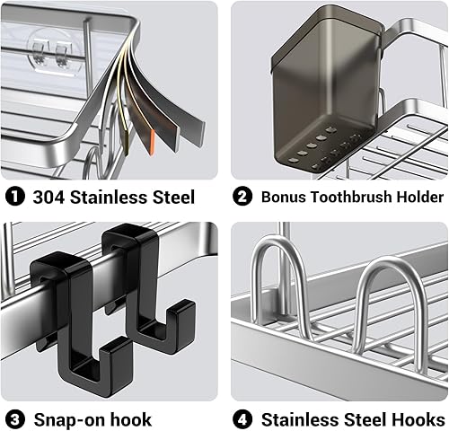 Miniatura 5 de Estante esquinero para ducha 2 unidades de organizador de ducha adhesivos, esenciales - Estante de almacenamiento de ducha de acero inoxidable sin