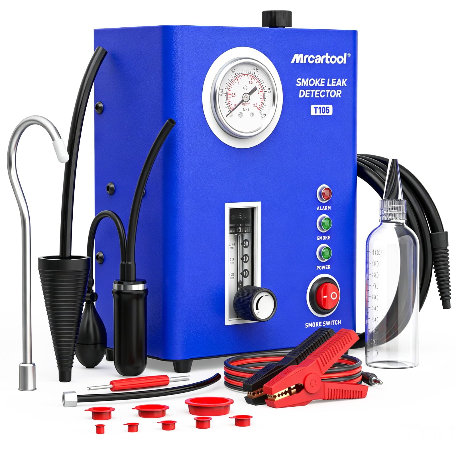 Tester di perdite per automobili con macchina del fumo T105, con pompa dell'aria integrata e manometro, tester diagnostico EVAP e rilevatore di perdite di carburante per tubazioni, per veicoli a 12V