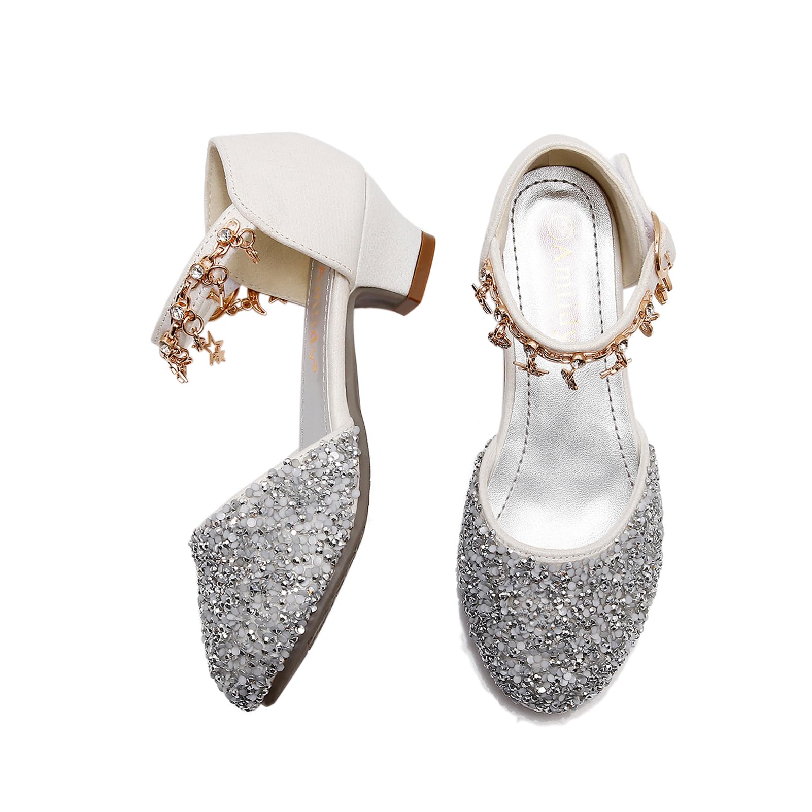 Amtidy Girls Glitter Bow Low Heel Princess Shoes, Mary Jane Ankle Strap Dress Pumps for Wedding Birthday Party Performance