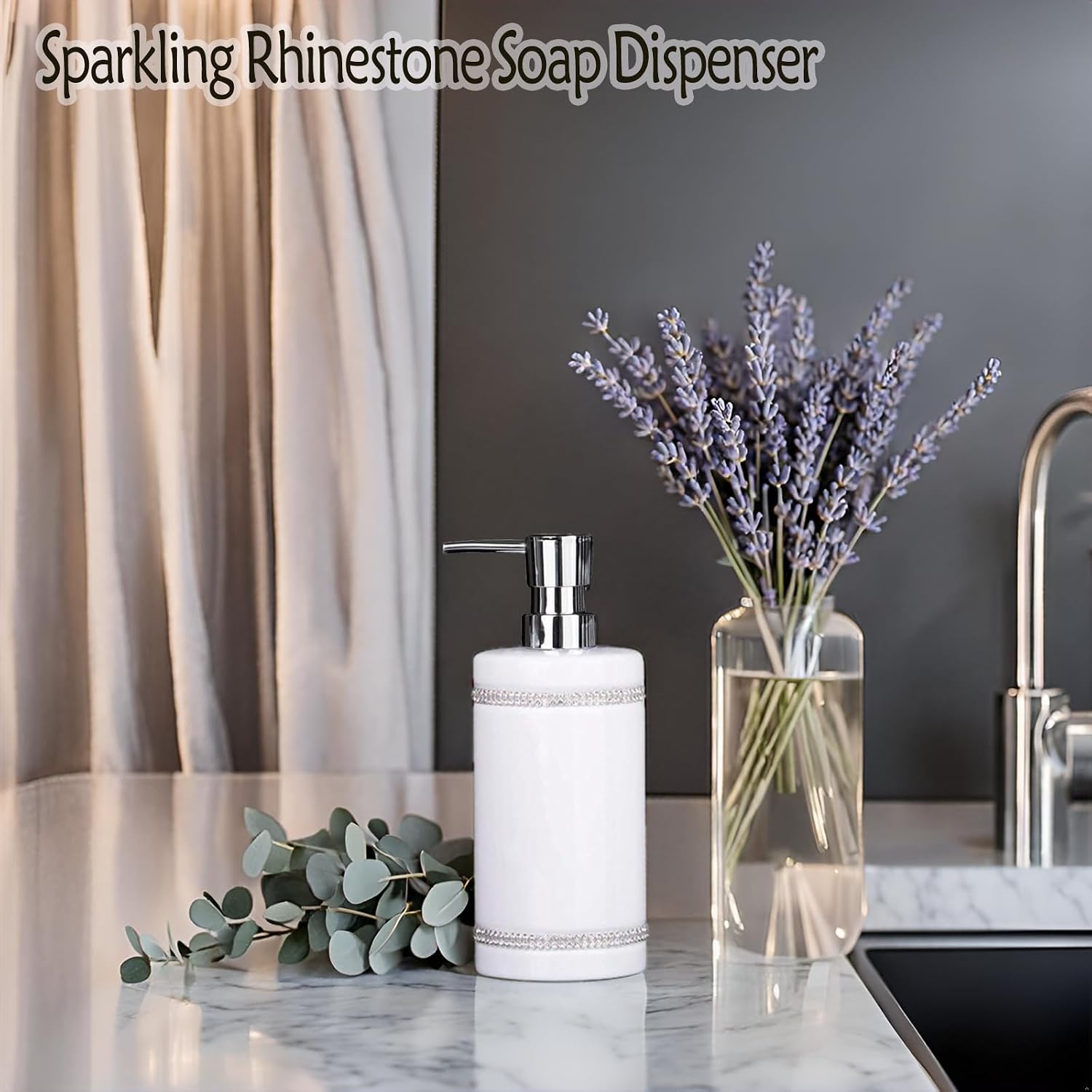 17 OZ Hand Liquid&Lotion Soap Dispenser Pump Bottle Ceramic White for Kitchen Bathroom Countertop Laundry Room Holds Dish Soap Shampoo Laundry Liquid Shower Gel (Inlaid Rhinestone) (White)