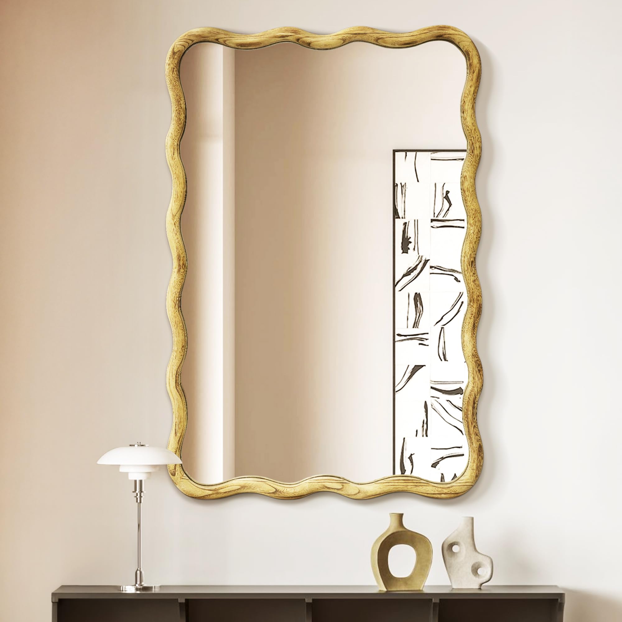 Dorlicecass Wavy Mirror Solid Wood- Squiggly Mirror Vanity Mirror Wall Decor Modern for Bathroom, Bedroom, Living Room, Dining Room, Cloakroom,