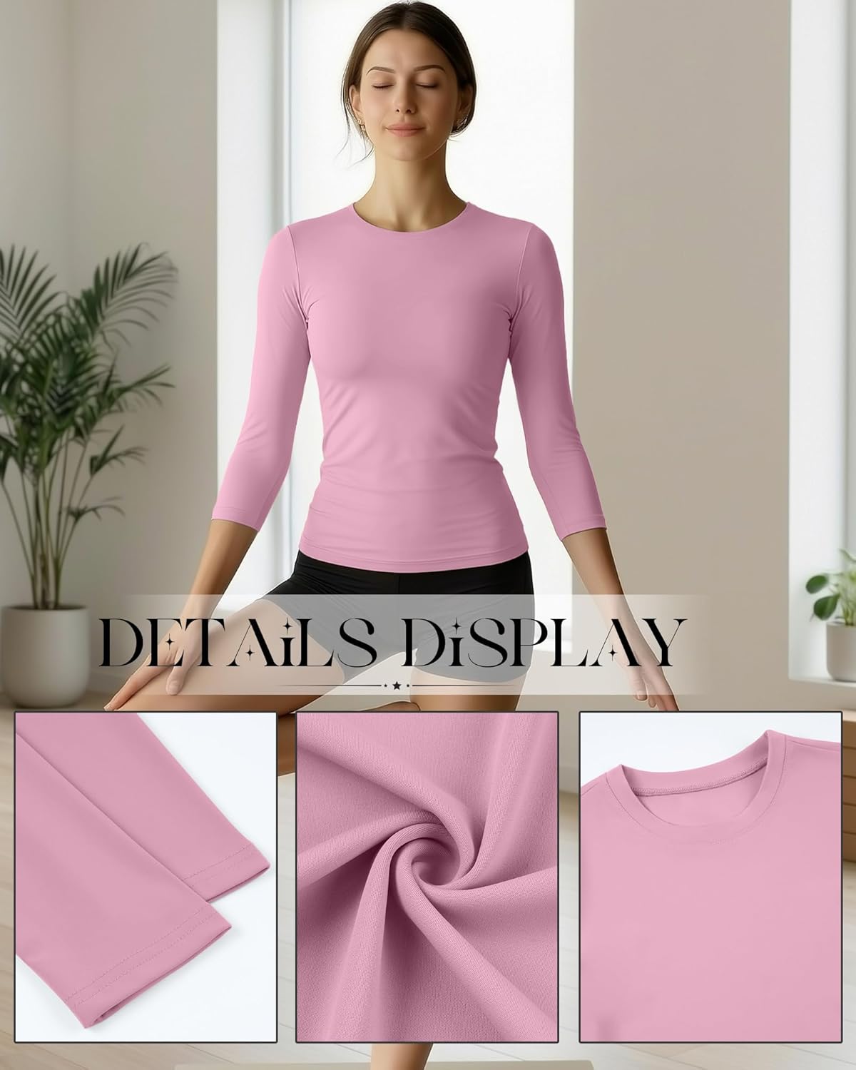 Neer 4 Pack Women's Workout Shirts 3/4 Sleeve Slim Fit Compression Tops Athletic Crewneck Gym Running Yoga Basic T-Shirt