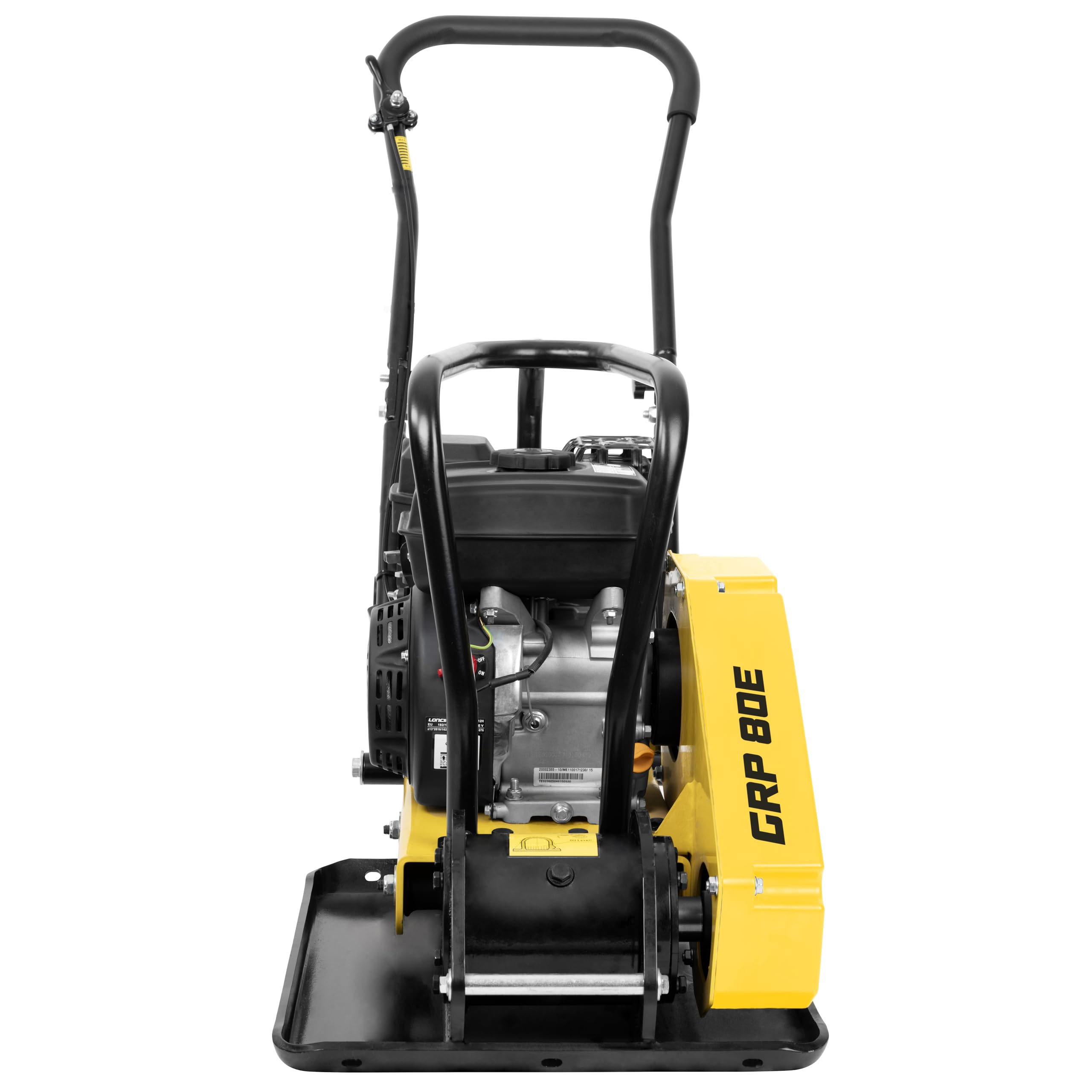 Güde GRP 80E Rüttelplatte - 4-Takt-Motor, 196 Kubikzentimeter Hubraum, 4,1 Kilowatt, 5,5 PS, 42 x 52 Zentimeter Arbeitsplatte, 14 kN Verdichtungsdruck, 20 m/min Vorlauf, Polyurethanmatte, Fahrwerk