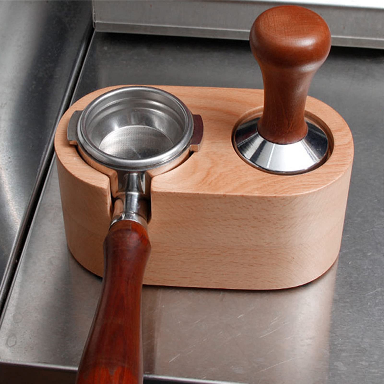 Soporte De Portafiltro De Café De 3 Orificios, Soporte De Tamper De Filtro De Café De Madera, Estación De Soporte De Tapete De Tamper De Madera Estación De Apisonamiento De Café Espresso Con Tapete An