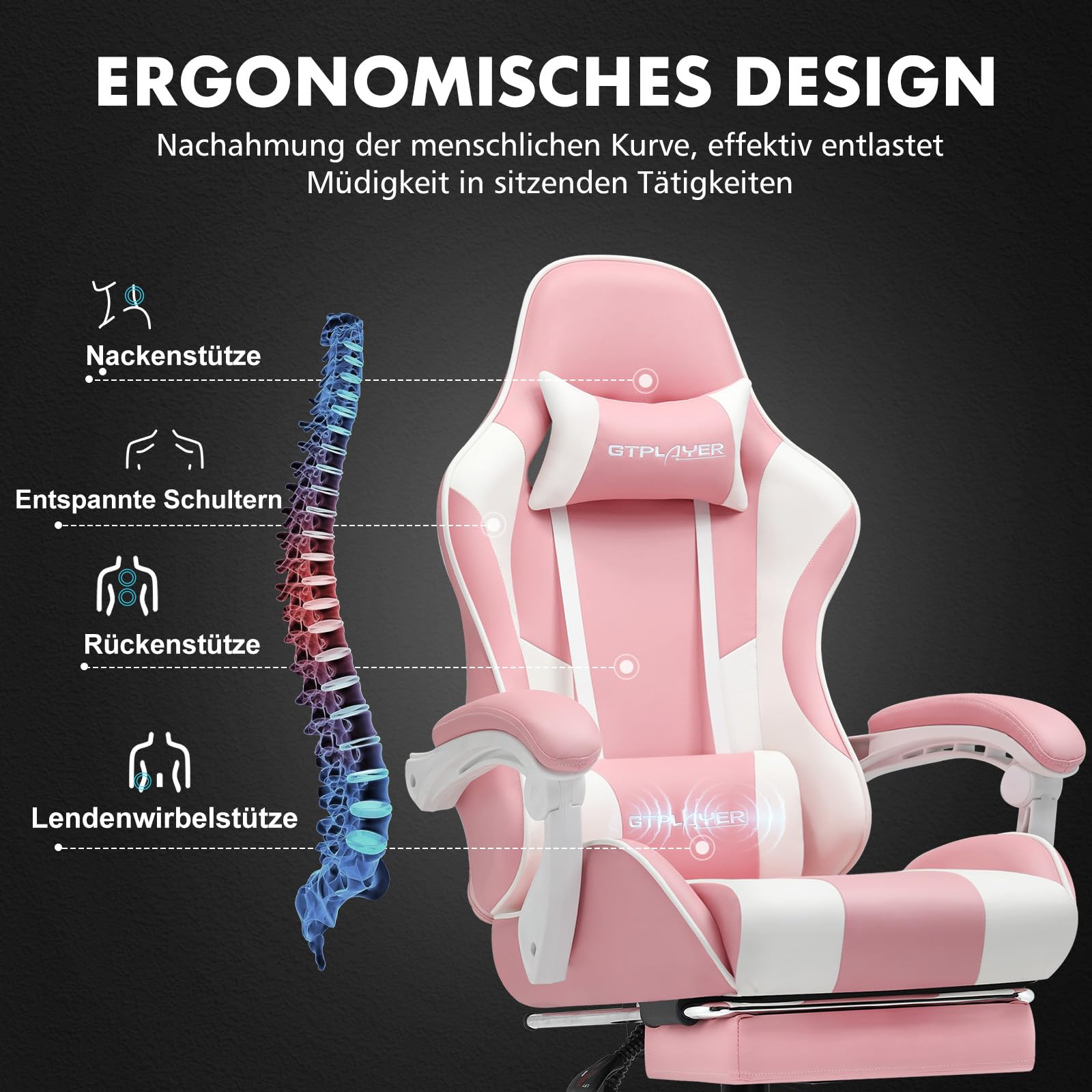 GTPLAYER Gaming Stuhl, Bürostuhl, Ergonomischer Pc Stuhl, Gaming Sessel mit Massagelendenwirbelstütze, Task Stühle mit Fußstütze und Kopfstütze, Rosa Kunstleder