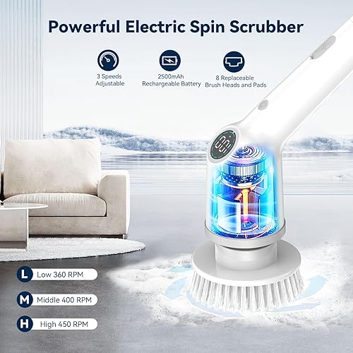 Miniatura 3 de MAXTOP Cepillo giratorio eléctrico, limpiador inalámbrico para bañera y azulejos con mango largo, 8 cabezales de cepillo reemplazables, 3