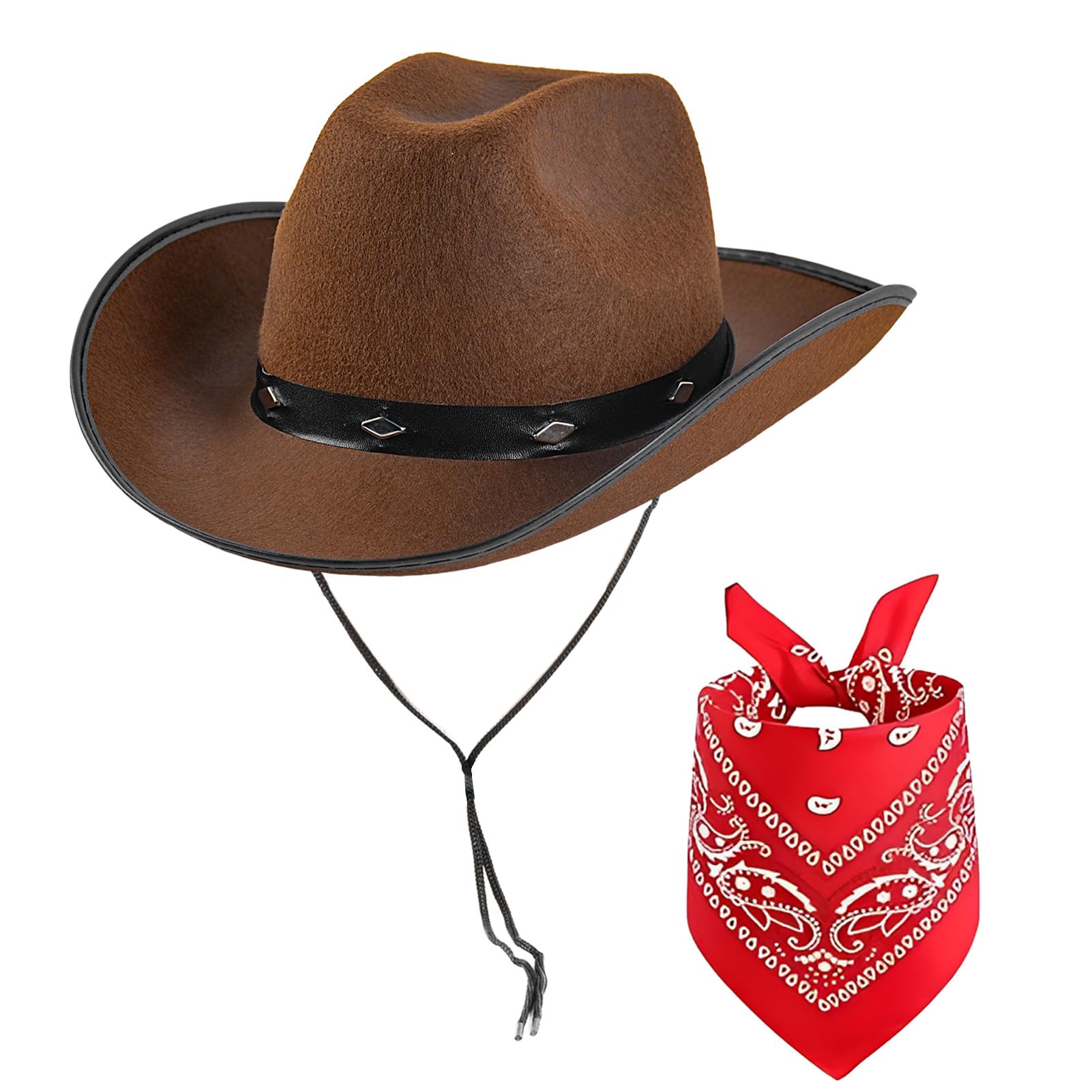 Western Cowboy Hat Cowgirl Costume Set with Bandana Cowboy Hat Fancy Dress Accessory for Birthday Halloween Bachelor Party Bachelorette Cosplay