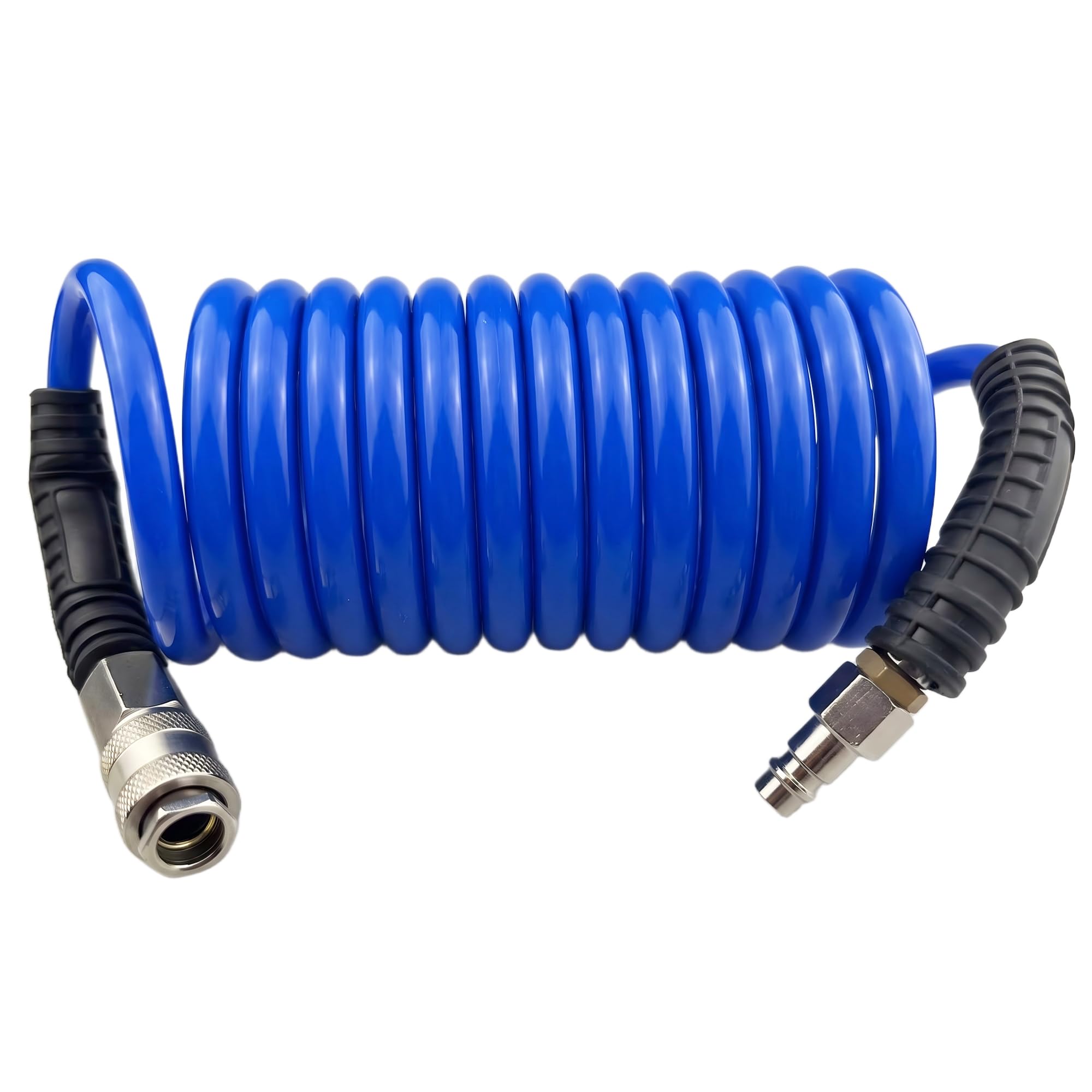 Darnassus Polyurethane Recoil Air Hose, 6 mm Inner Diameter, 3 m Blue with Bend Restrictor and Industrial Quick Coupler and Plug