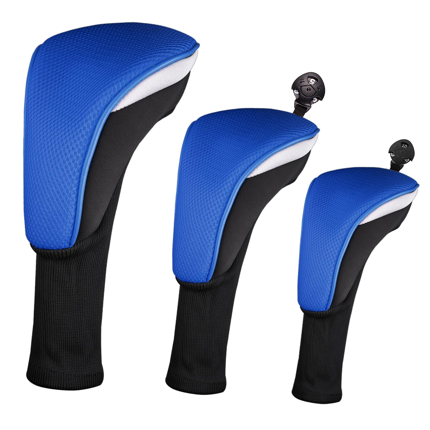 SHABIER 3Pcs/Set Golf Wood Club Headcover Golf Driver Fairway Hybird Wood Cover (Blue&white)