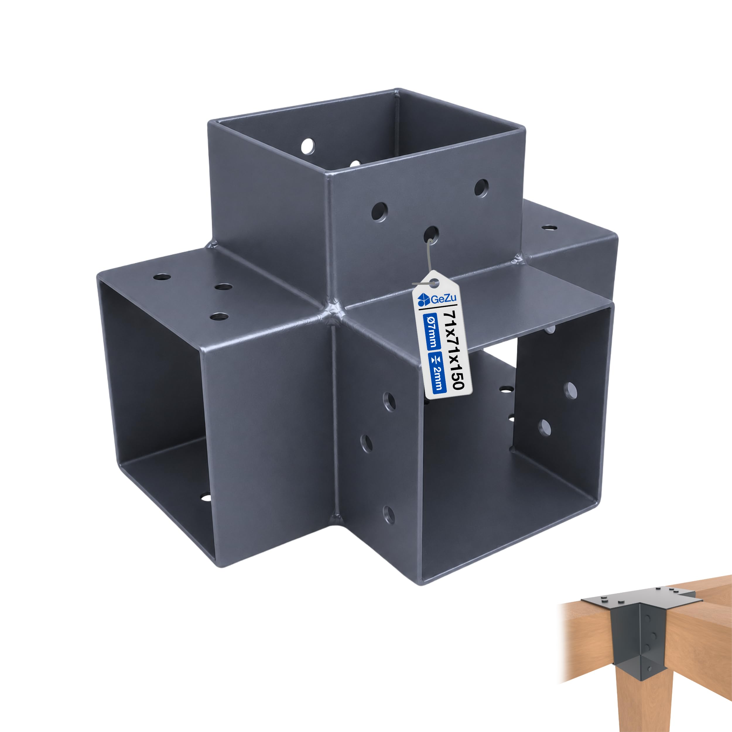 GeZu Impex Post Connector K 71 x 71 mm Anthracite Powder Coated Pergola 4 Way Right Angle Corner Connector Pavilion DIY Woodworks Bracket