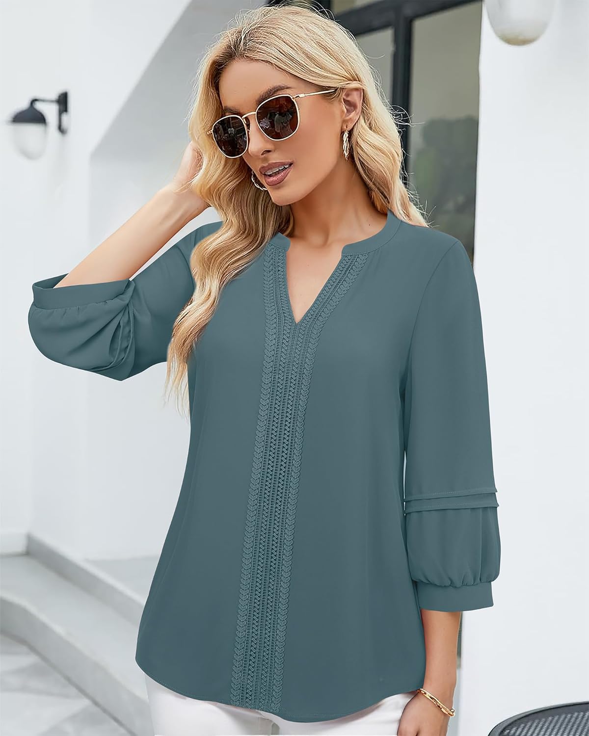 Unixseque Womens Casual Blouses 3/4 Sleeve V Neck Business Tops Ladies Trendy Office Work Shirts - Image 4