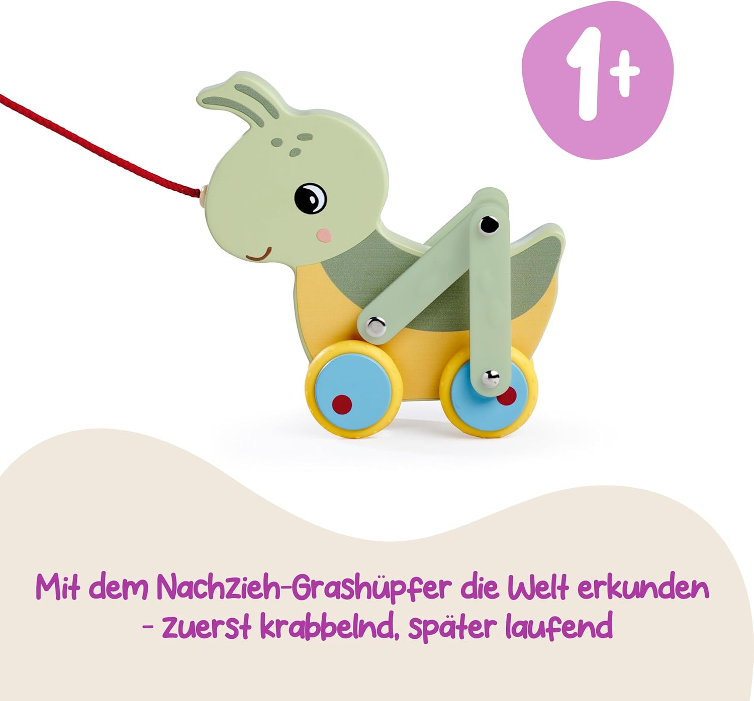 Eichhorn Pull Along Grasshopper with Movable Legs and Silent Silicone Wheels, Ideal First Steps Companion, 16 cm Long, Made from 100% FSC Certified Plywood, from 1 Year