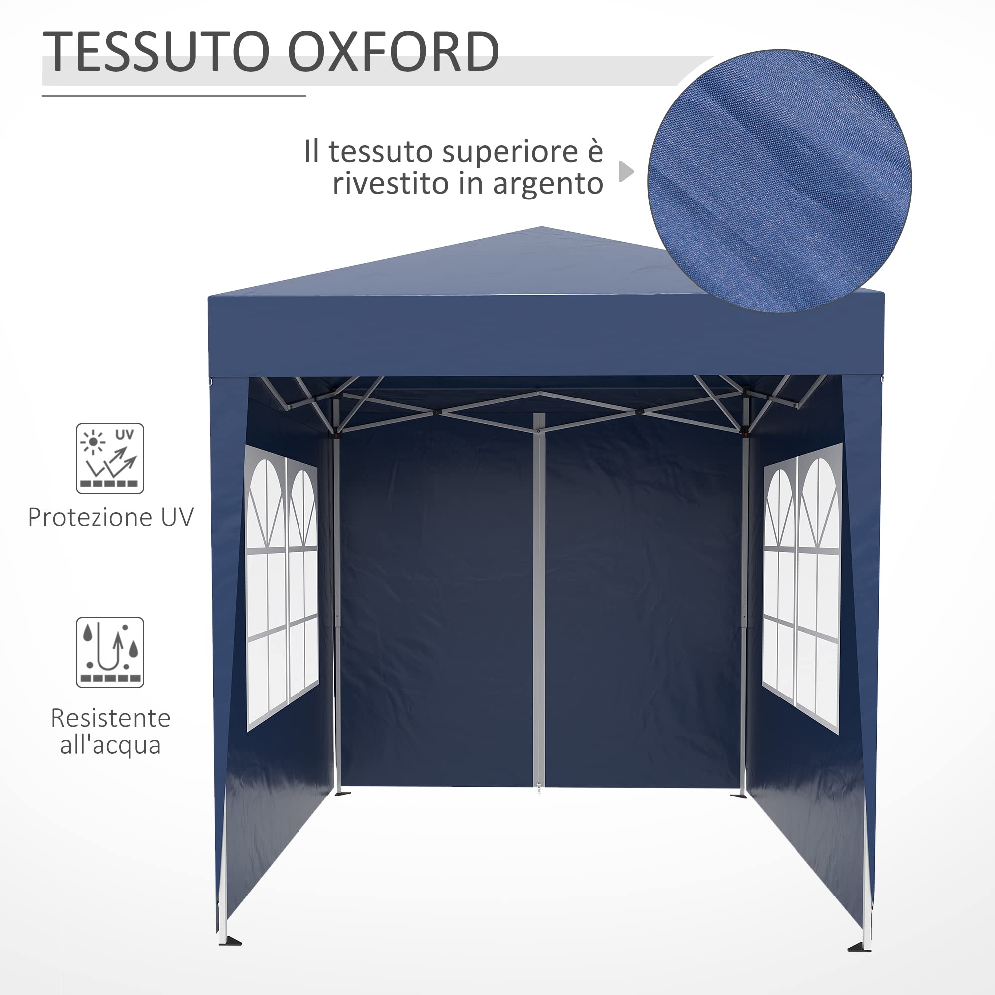 Outsunny Gazebo 2x2 m Pop-up Impermeabile con 4 Pareti Rimovibili, Gazebo Pieghevole in Metallo e Poliestere con Borsa da Trasporto, Blu