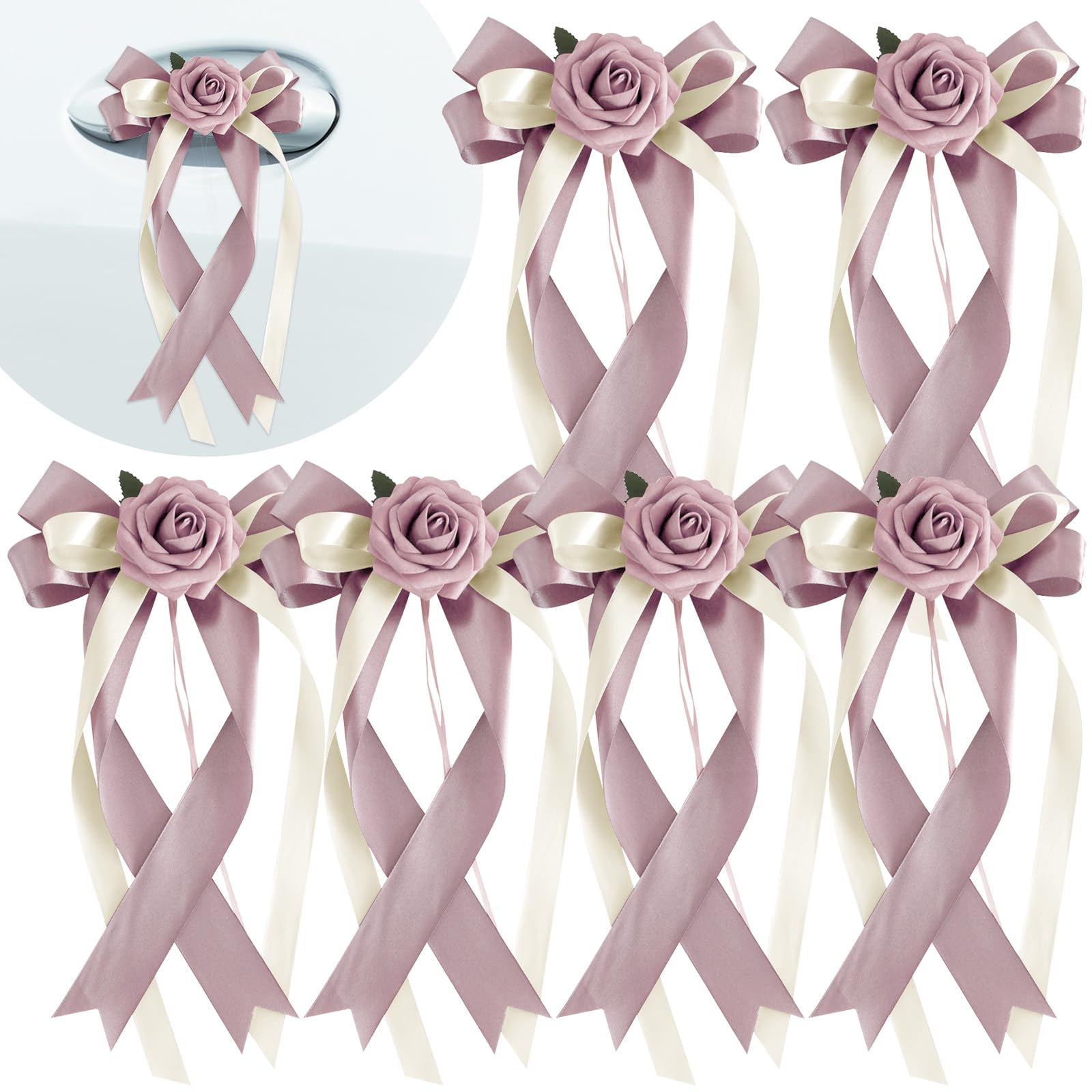 Jaczora 6PCS Wedding Car Door Handle Decorations,Pink Artificial Flowers Bowknot Ribbons,Just Married Automotive Accessories for Vehicle Door Handles