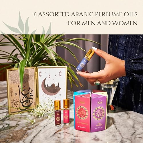Miniatura 10 de Dukhni Set de aceite de sándalo árabe  Aceites de perfume de sándalo árabe  6 aromas surtidos x 0.2 fl oz  Auténtico, sin alcohol, vegano, conjunto