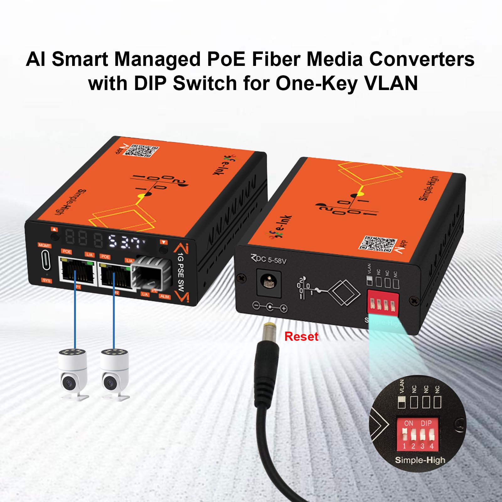 Convertisseur de média en fibre PoE 30 W géré intelligemment visualisé, 10/100/1000 Mbps, 2 × PoE RJ45 1 × SFP, écran LED, DIP VLAN, contrôle APP/Web, alarme DDM, pour autoroute, transport ferroviaire