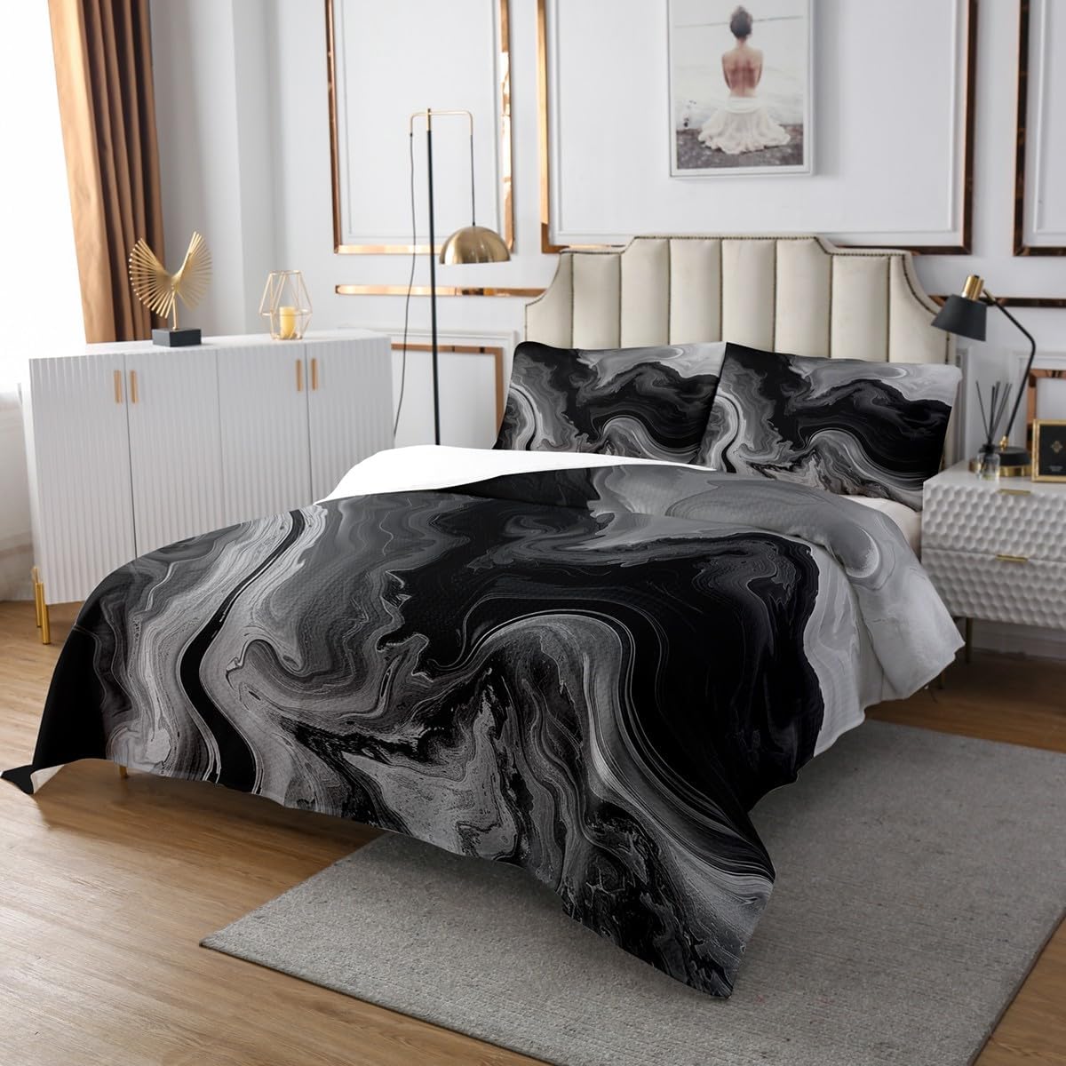 Erosebridal Grey Black Marble Queen Quilt Set Modern Abstract Art Coverlet Set, Aesthetic Marbling Bedding Set Watercolor Stone Pattern Bedspread Set, Mountain Fluid Bed Quilt 3 Pieces Lightweight