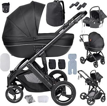 3 in 1 Baby Pram Travel System, Baby Pushchair 3 in 1, Newborn Stroller Reversible Two Pushing Modes, Toddler Buggy with One-Click Folding, Infant Carriage Aluminum Frame H2 Black