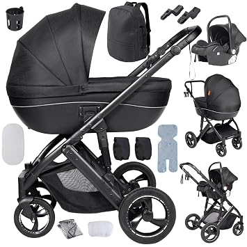 3-in-1 Pushchair Comfortable Multifunctional Combination Pram 3-in-1 Complete Set Aluminium High Landscape Baby Pram Foldable Pram Set V7 Black